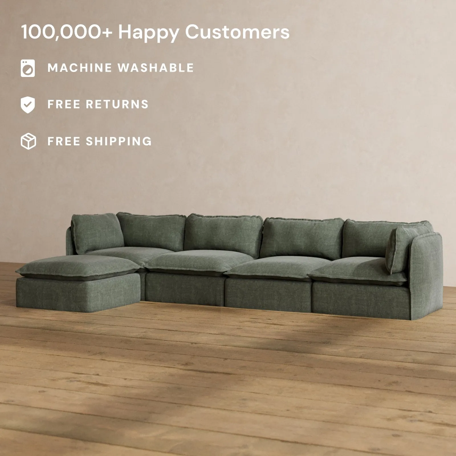 Modular Washable 4-Seater Sectional in Willow | Deluxe  Seat | Cloud Pillow