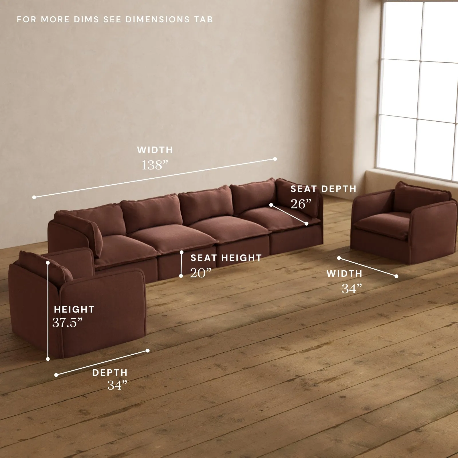 Modular Washable 4-Seater Sofa   Armchair Set in Chestnut | Deluxe  Seat | Cloud Pillow