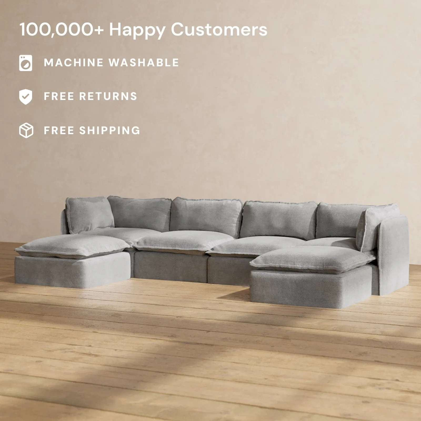 Modular Washable 4-Seater U-Sectional in Ash | Deluxe  Seat | Cloud Pillow