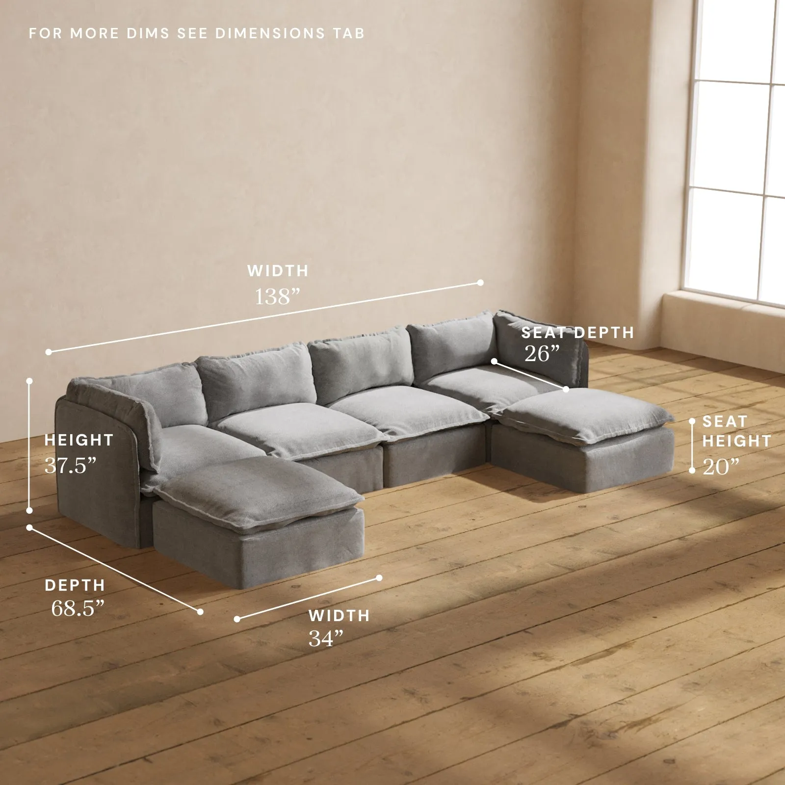 Modular Washable 4-Seater U-Sectional in Ash | Deluxe  Seat | Cloud Pillow
