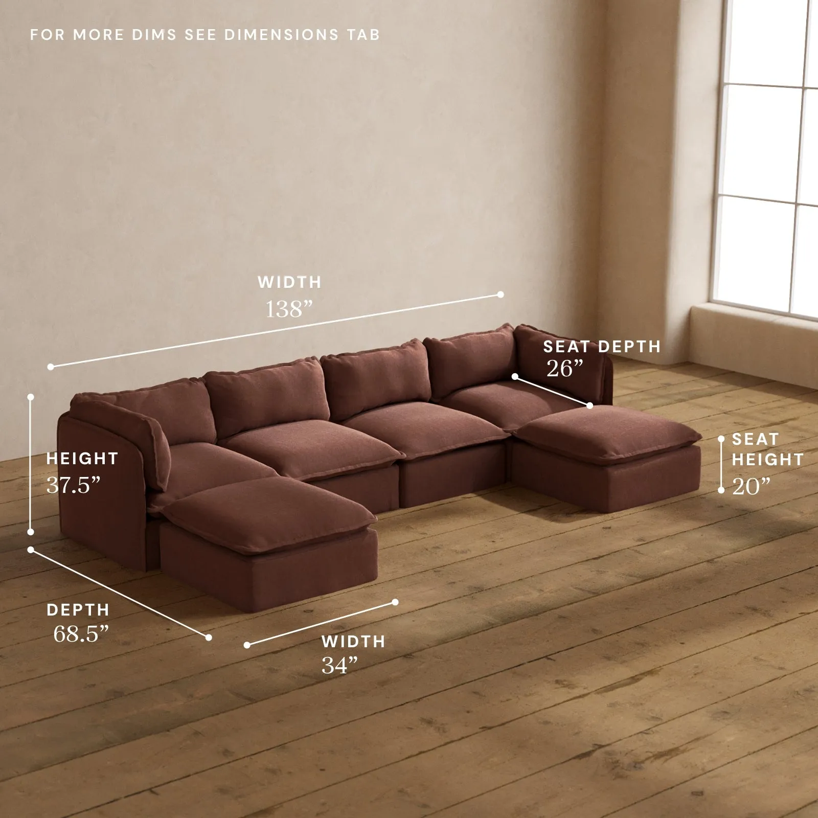 Modular Washable 4-Seater U-Sectional in Chestnut | Deluxe  Seat | Cloud Pillow