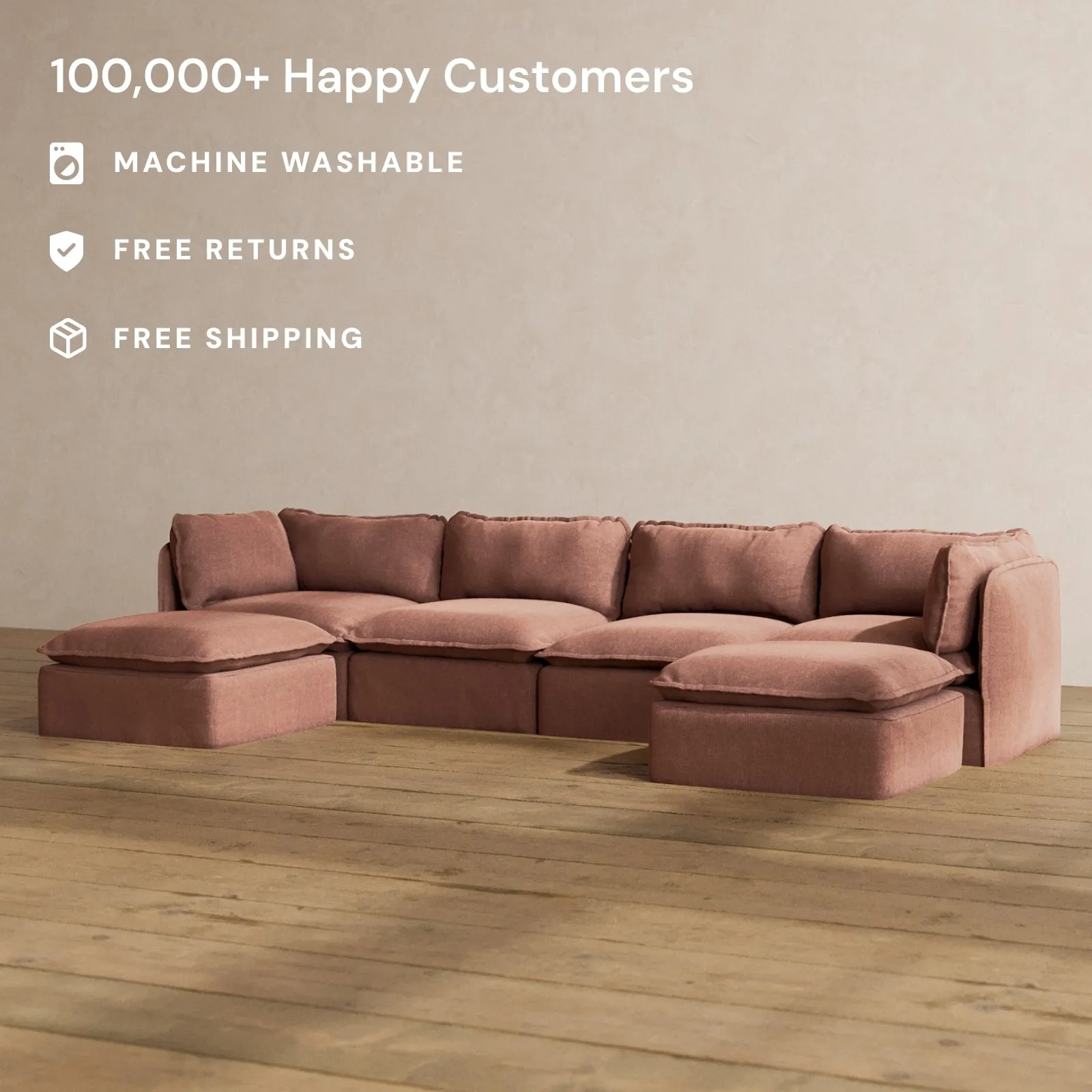 Modular Washable 4-Seater U-Sectional in Chestnut | Deluxe  Seat | Cloud Pillow