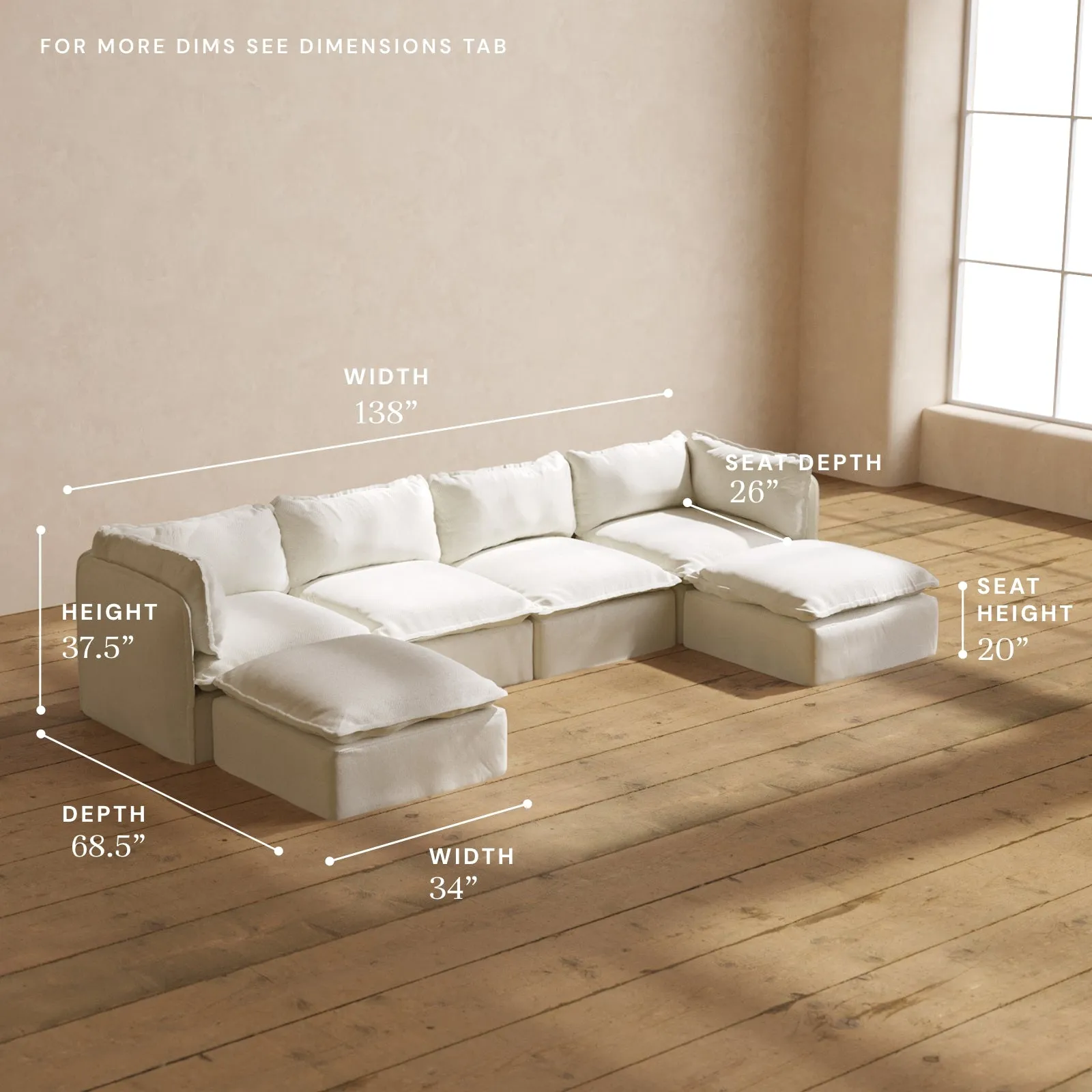 Modular Washable 4-Seater U-Sectional in Eggshell | Deluxe  Seat | Cloud Pillow