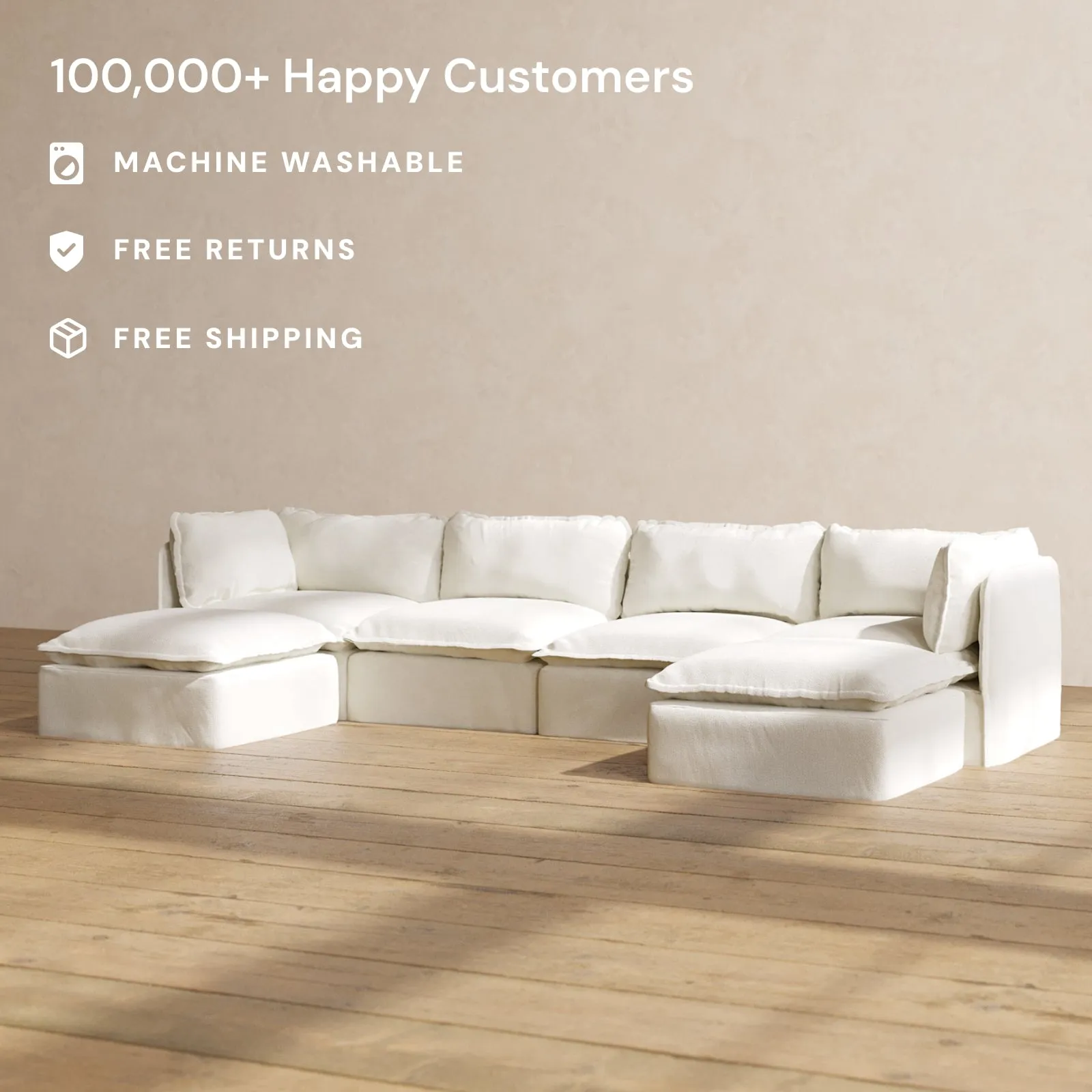 Modular Washable 4-Seater U-Sectional in Eggshell | Deluxe  Seat | Cloud Pillow