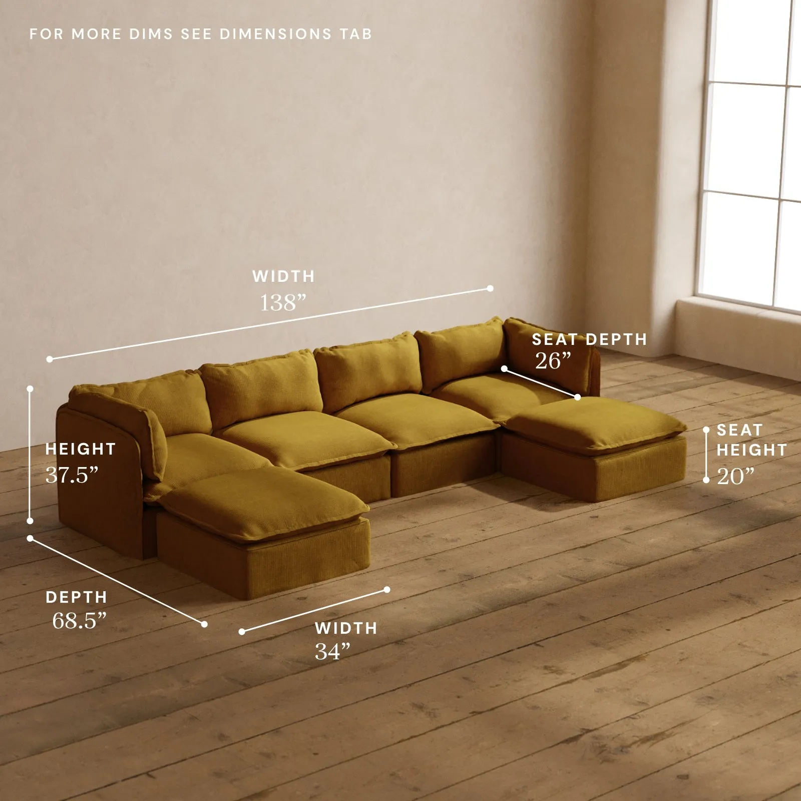 Modular Washable 4-Seater U-Sectional in Kiiro | Deluxe  Seat | Cloud Pillow