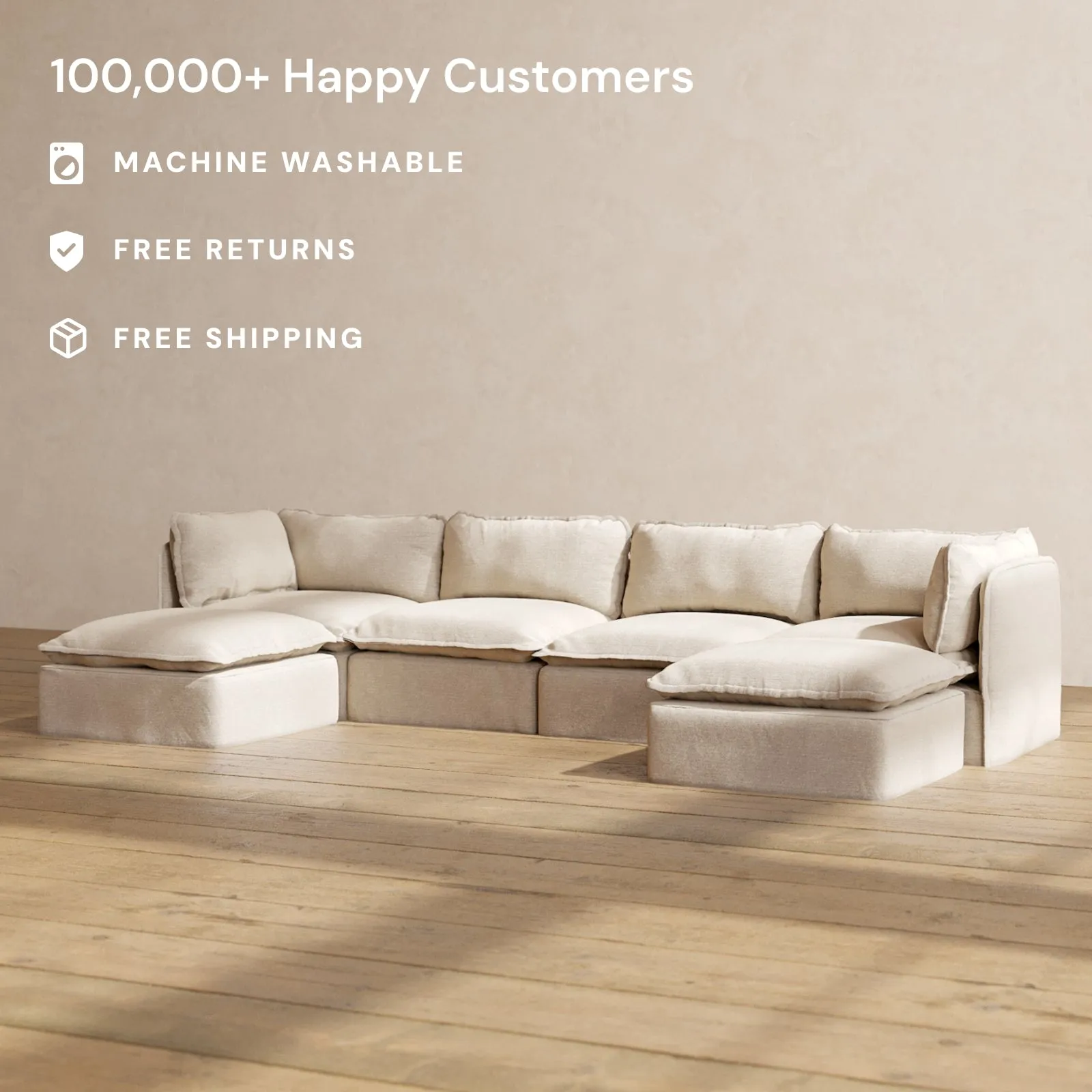 Modular Washable 4-Seater U-Sectional in Oat | Deluxe  Seat | Cloud Pillow