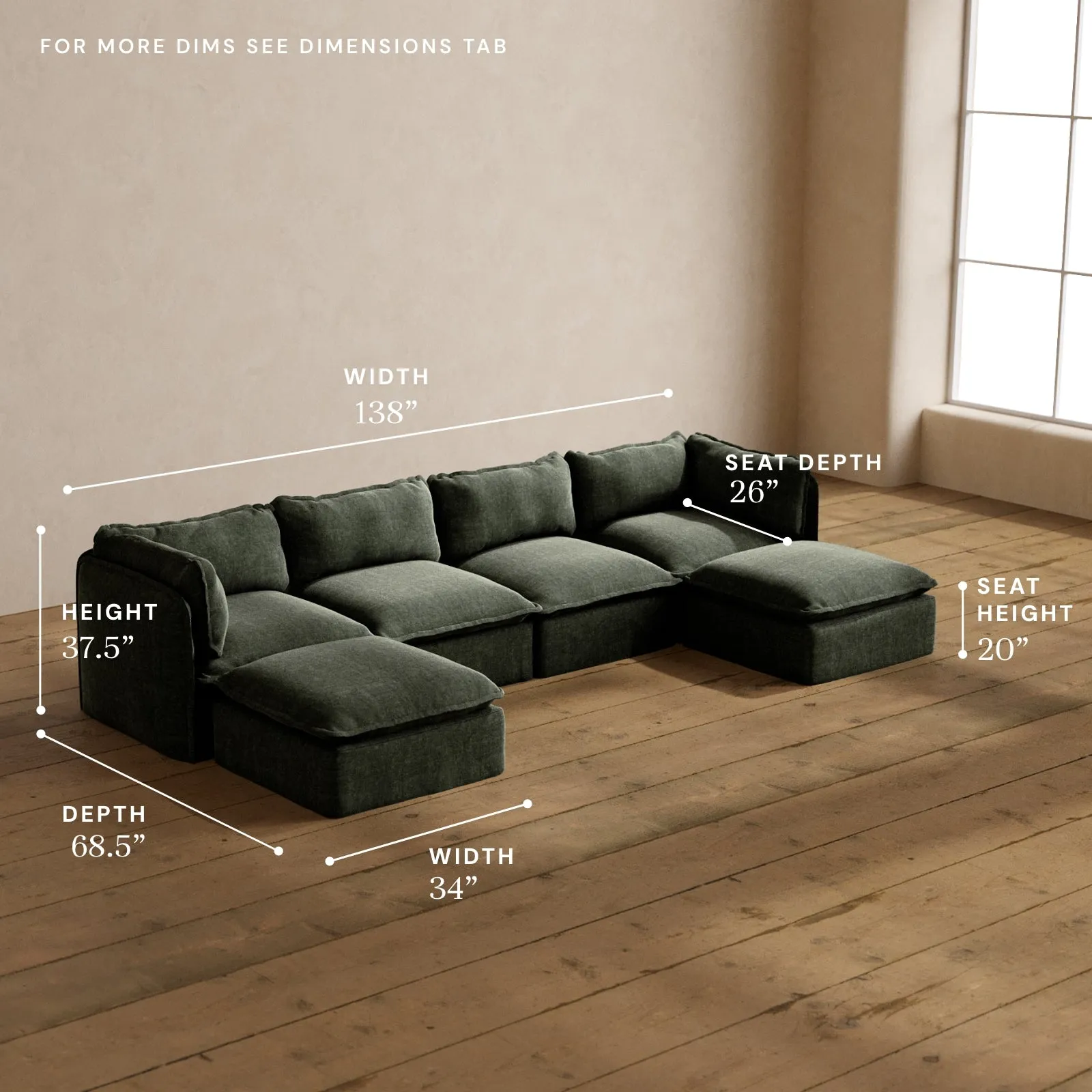 Modular Washable 4-Seater U-Sectional in Willow | Deluxe  Seat | Cloud Pillow