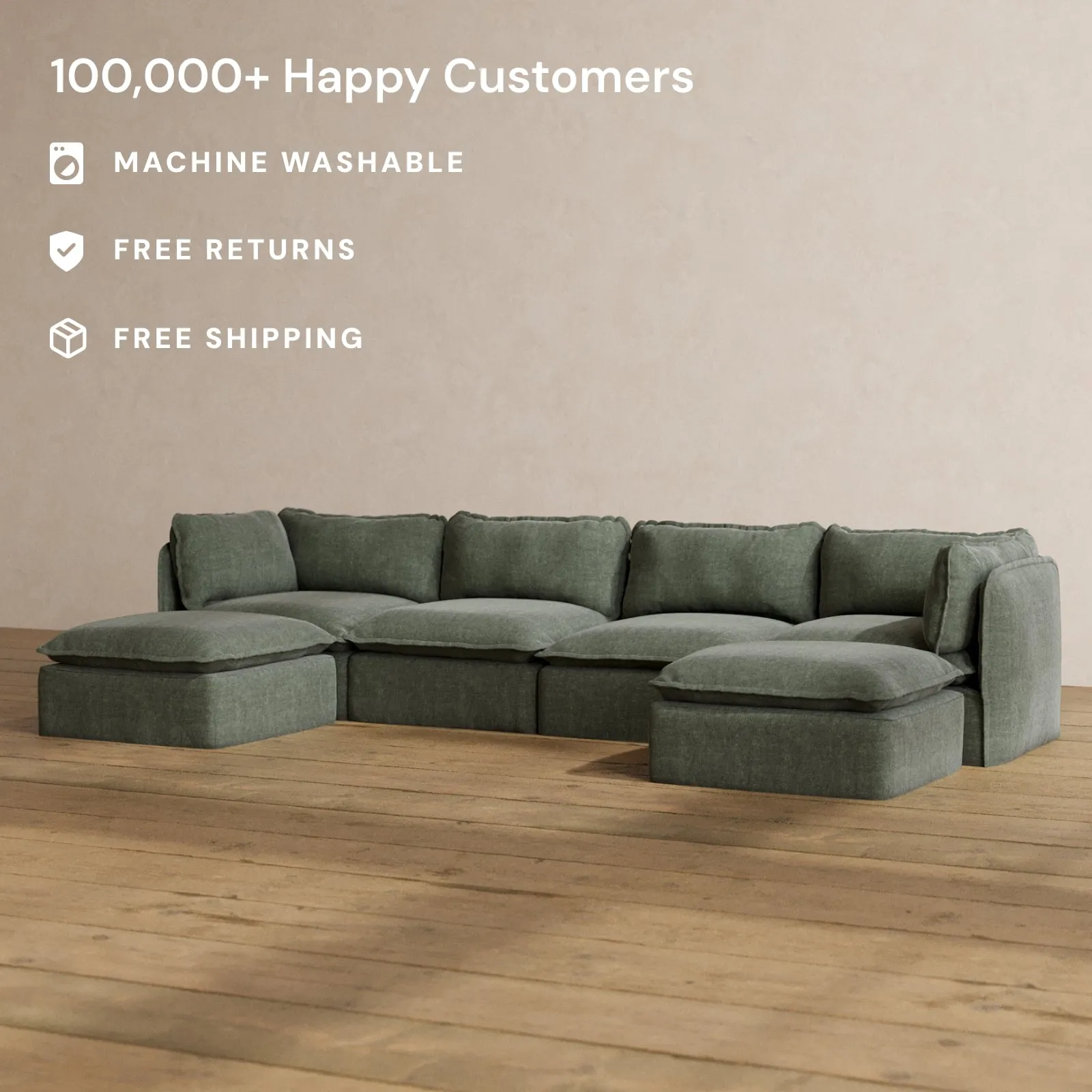 Modular Washable 4-Seater U-Sectional in Willow | Deluxe  Seat | Cloud Pillow