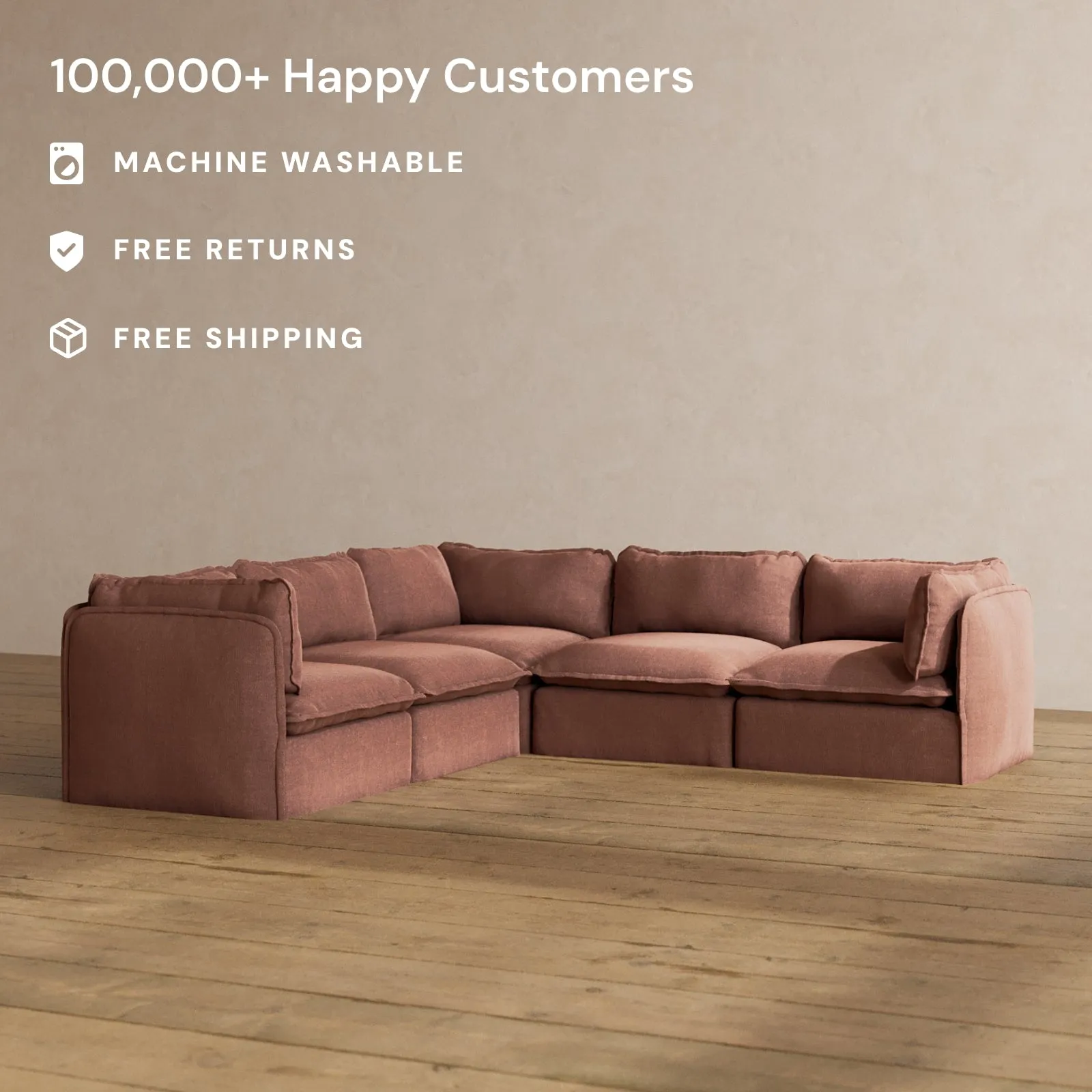 Modular Washable 5-Seater Corner Sectional in Chestnut | Deluxe  Seat | Cloud Pillow