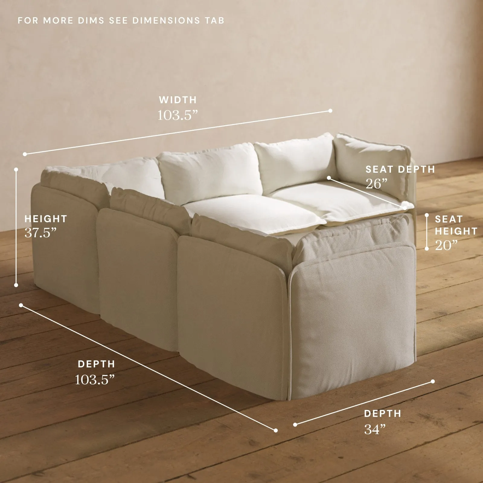 Modular Washable 5-Seater Corner Sectional in Eggshell | Deluxe  Seat | Cloud Pillow