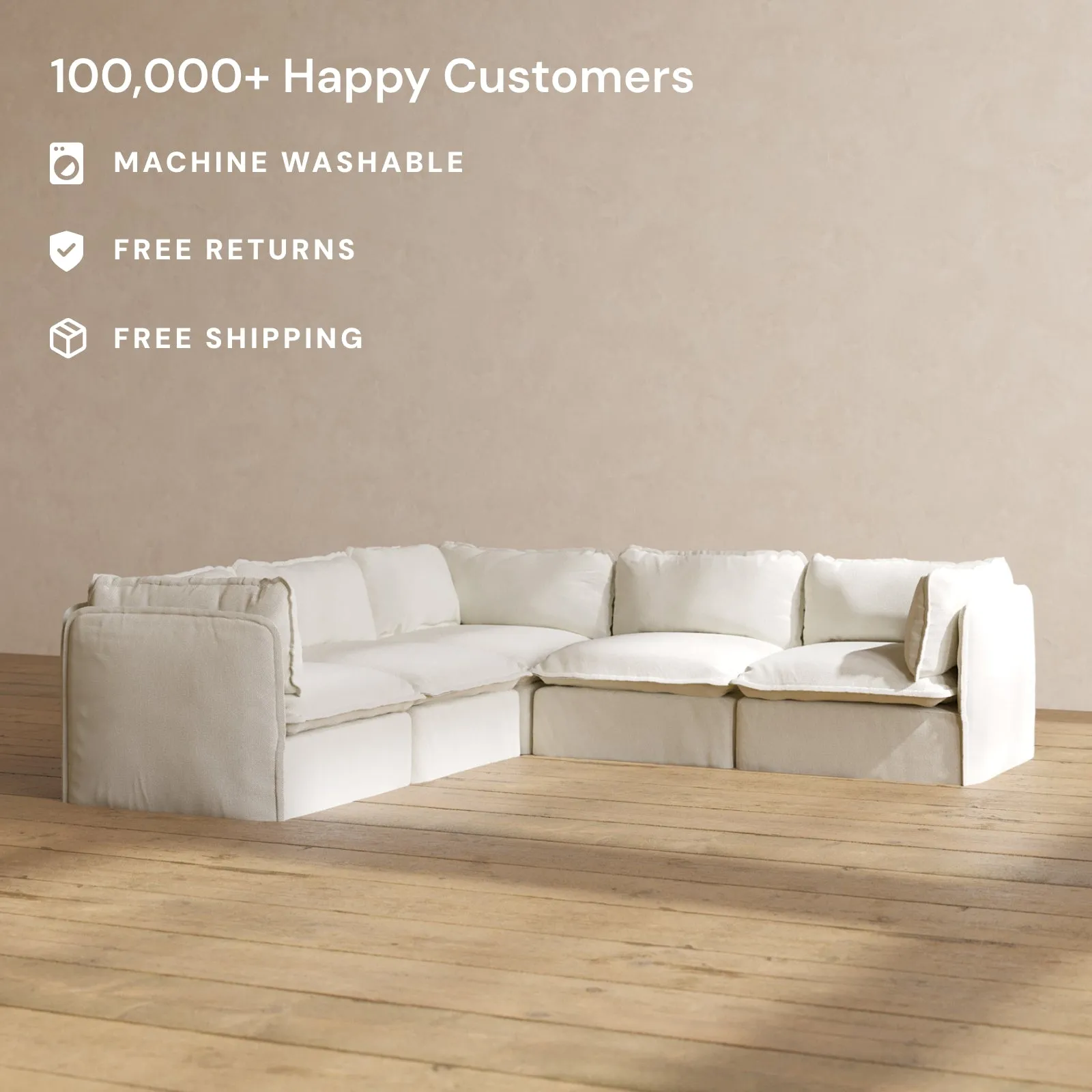 Modular Washable 5-Seater Corner Sectional in Eggshell | Deluxe  Seat | Cloud Pillow