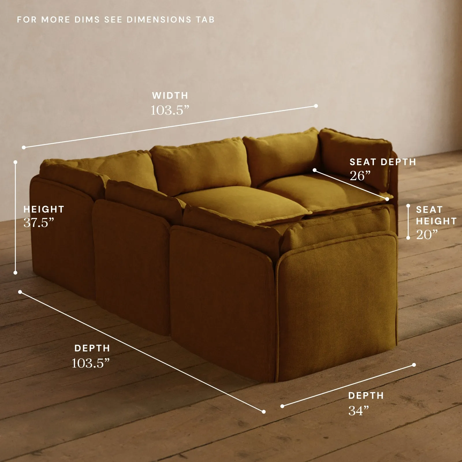 Modular Washable 5-Seater Corner Sectional in Kiiro | Deluxe  Seat | Cloud Pillow