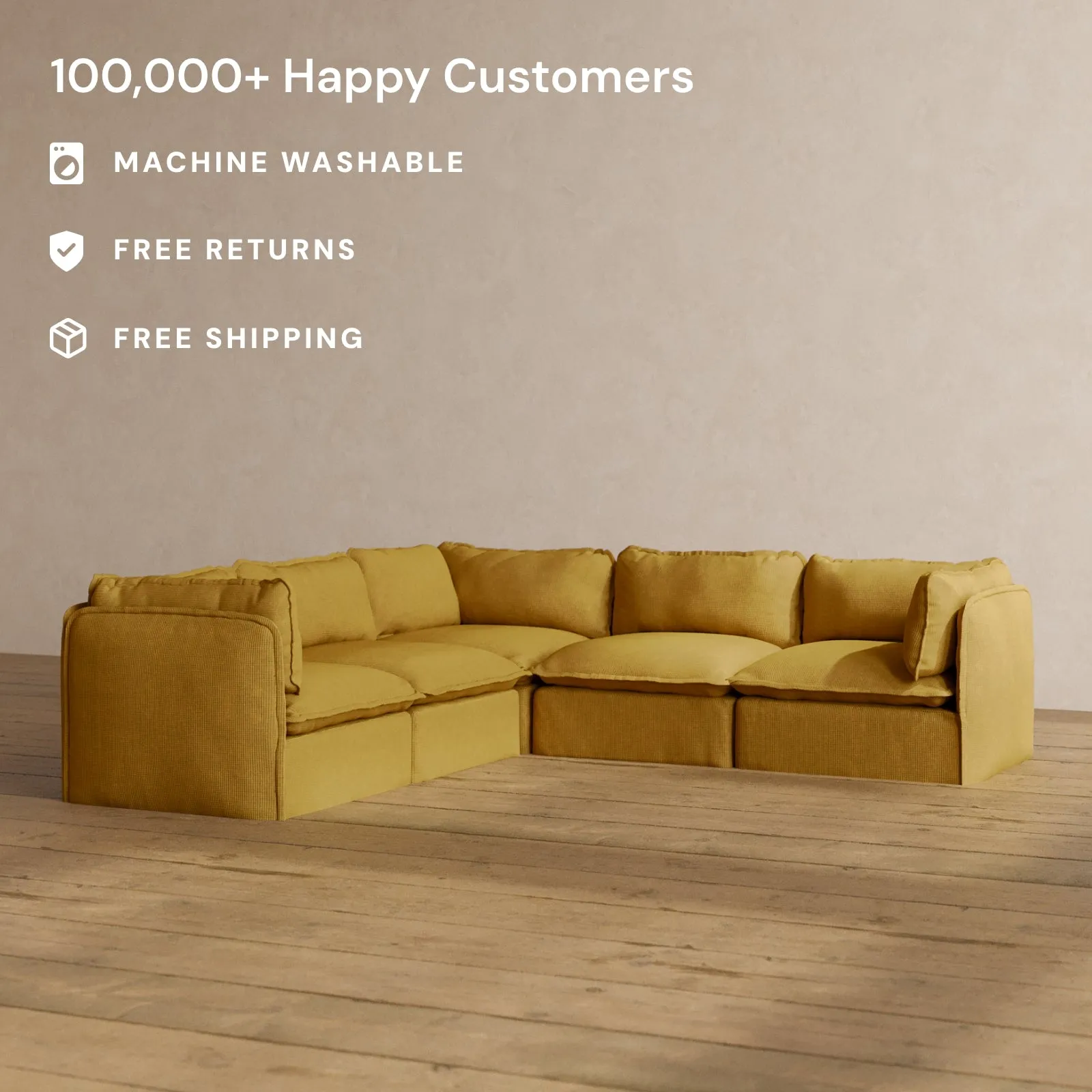 Modular Washable 5-Seater Corner Sectional in Kiiro | Deluxe  Seat | Cloud Pillow