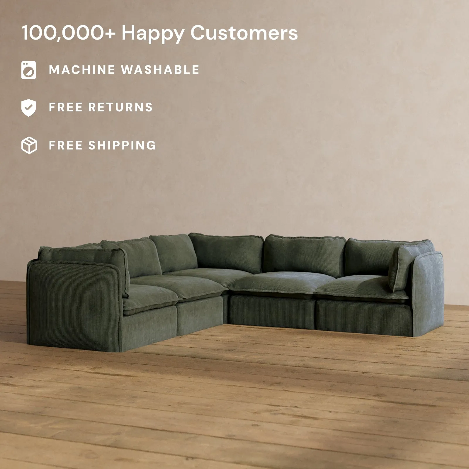 Modular Washable 5-Seater Corner Sectional in Olivine | Deluxe  Seat | Cloud Pillow