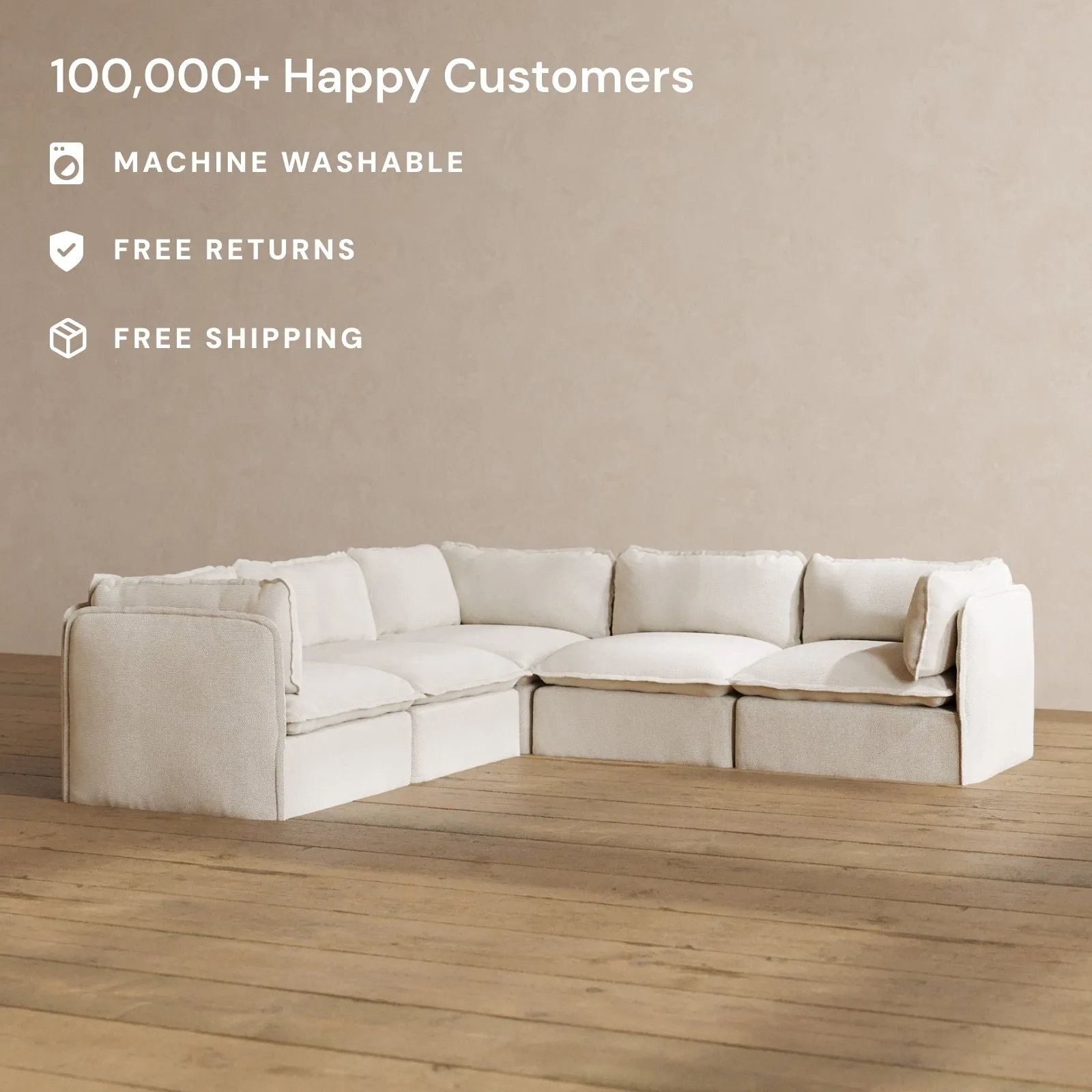 Modular Washable 5-Seater Corner Sectional in Powder | Deluxe  Seat | Cloud Pillow