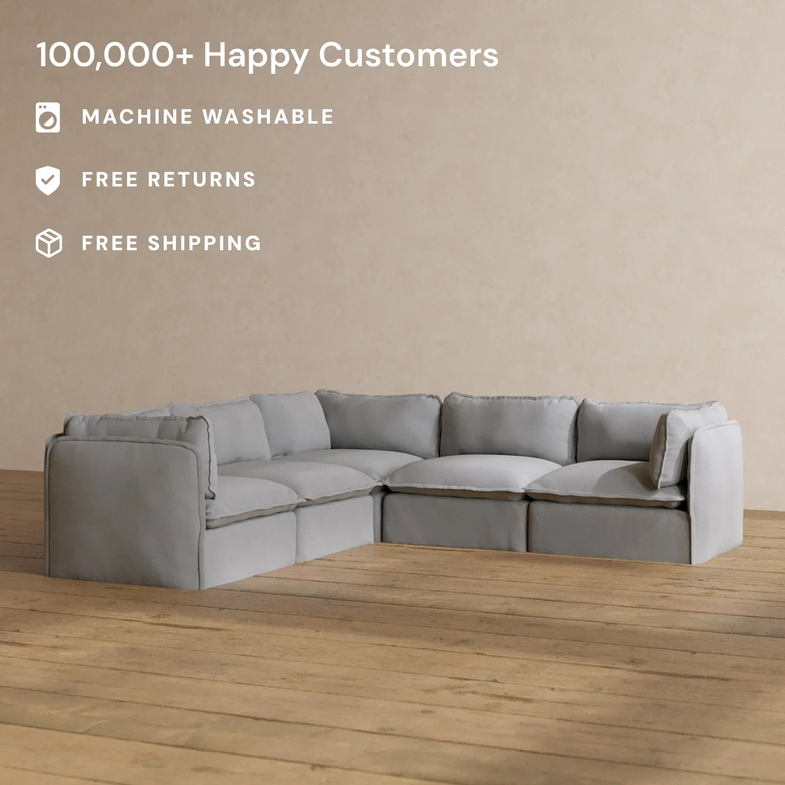 Modular Washable 5-Seater Corner Sectional in Pumice | Deluxe  Seat | Cloud Pillow