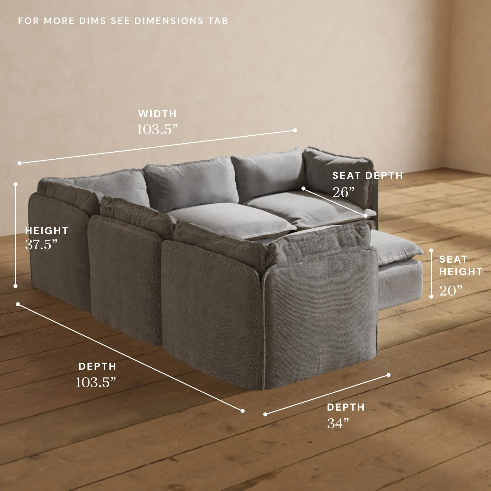 Modular Washable 5-Seater Corner Sectional   Ottoman in Ash | Deluxe  Seat | Cloud Pillow