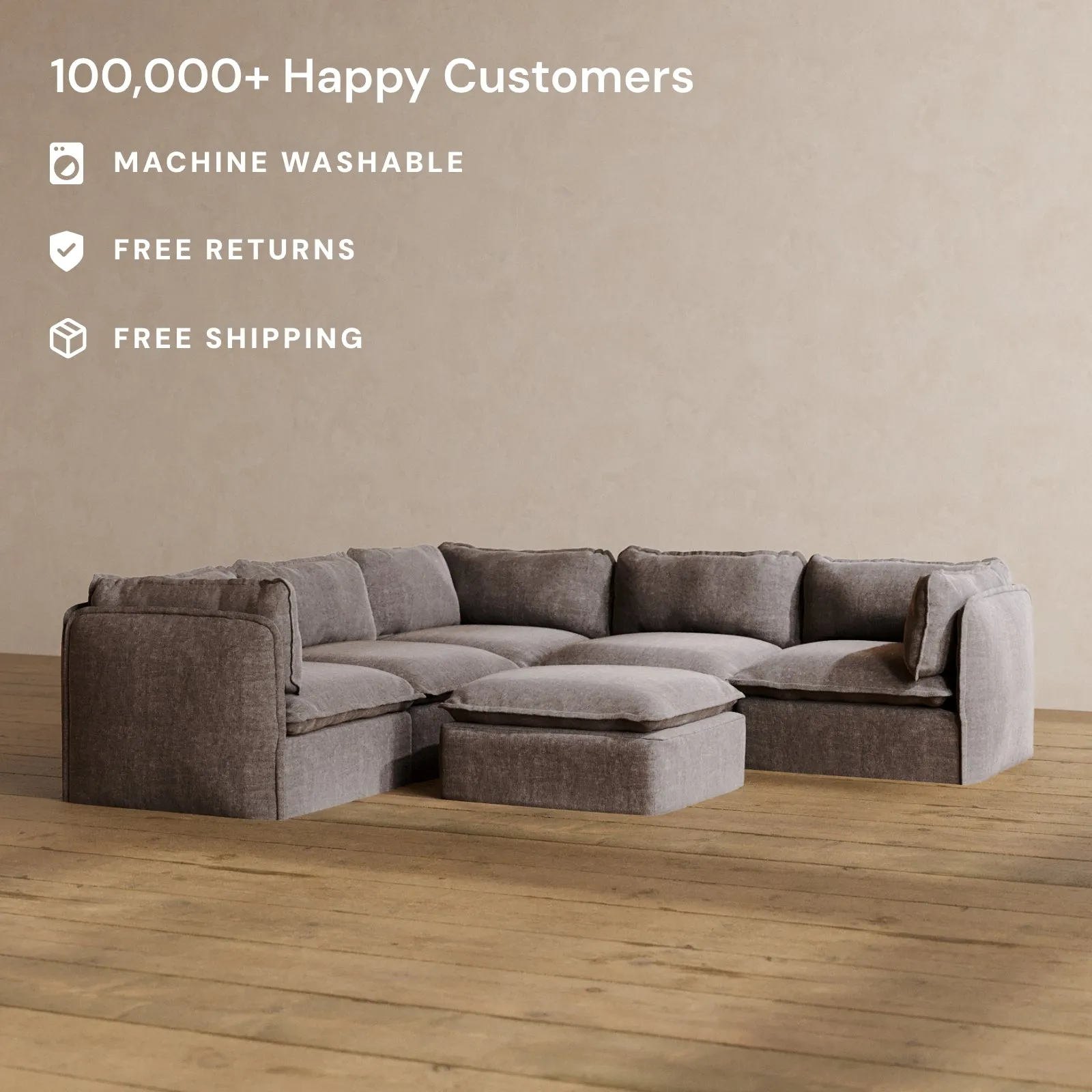 Modular Washable 5-Seater Corner Sectional   Ottoman in Caviar | Deluxe  Seat | Cloud Pillow