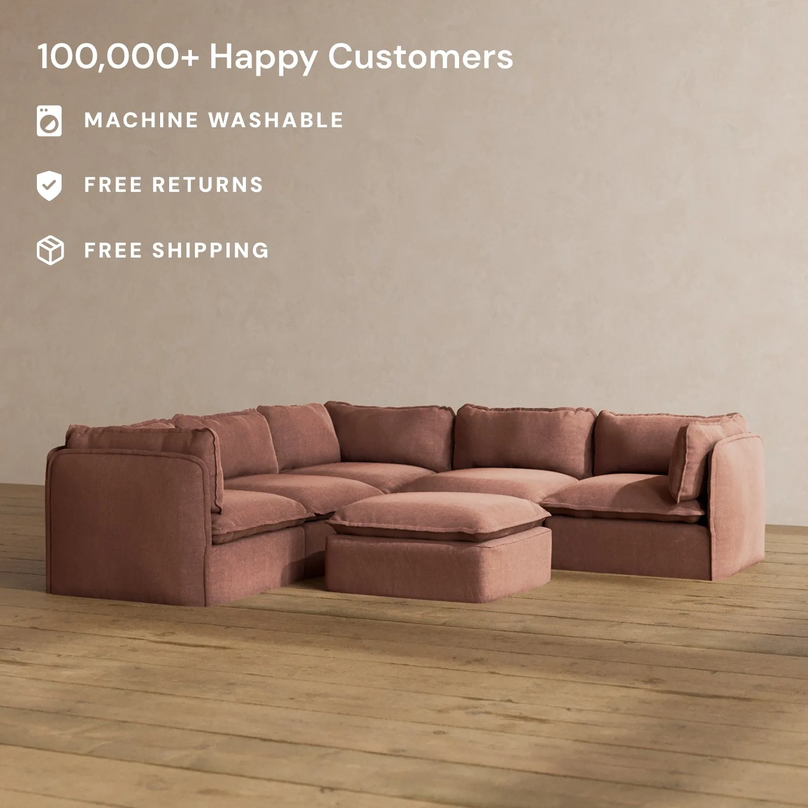 Modular Washable 5-Seater Corner Sectional   Ottoman in Chestnut | Deluxe  Seat | Cloud Pillow