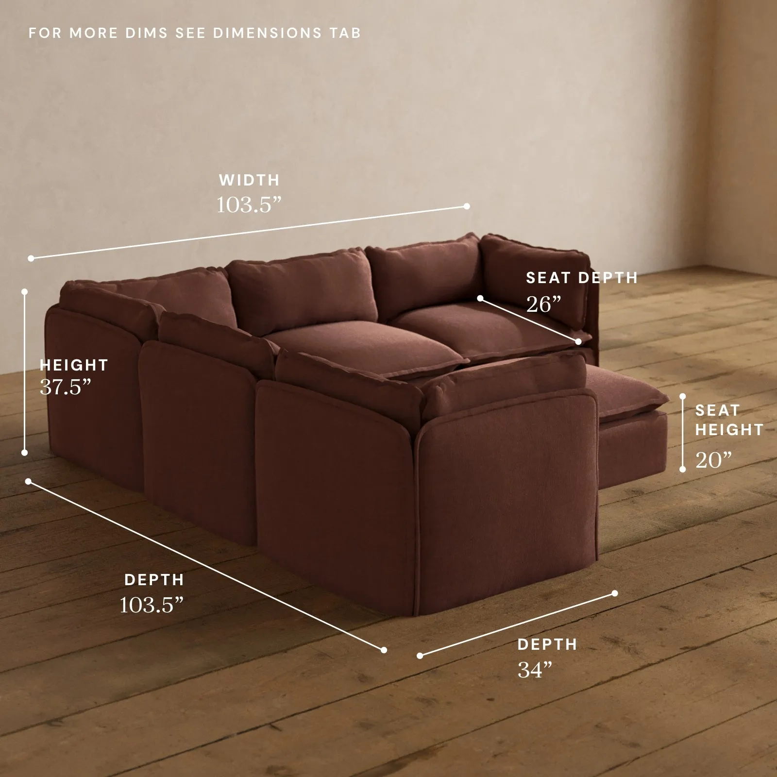 Modular Washable 5-Seater Corner Sectional   Ottoman in Chestnut | Deluxe  Seat | Cloud Pillow