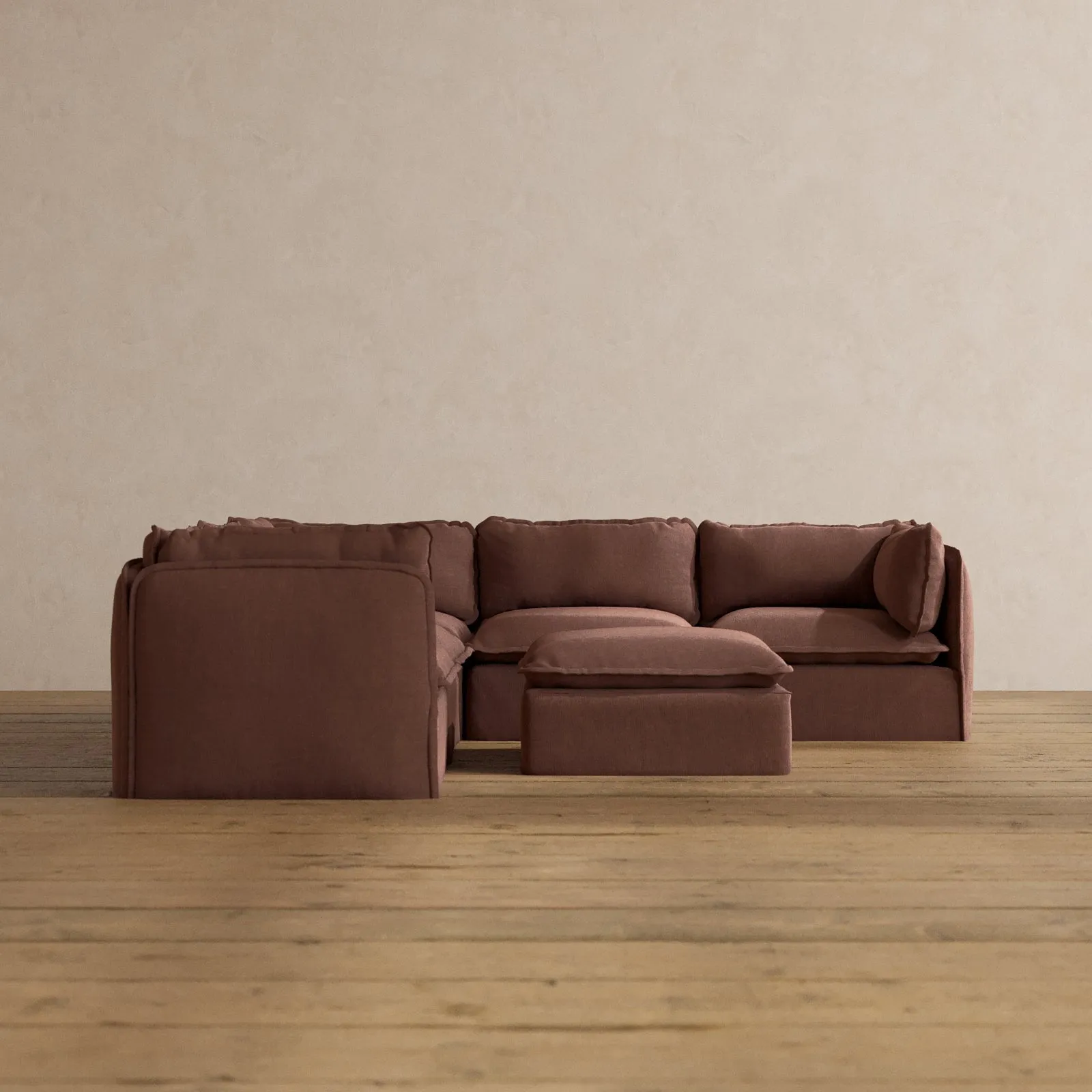 Modular Washable 5-Seater Corner Sectional   Ottoman in Chestnut | Deluxe  Seat | Cloud Pillow