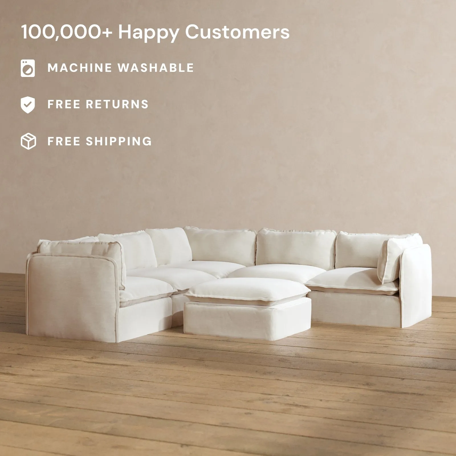 Modular Washable 5-Seater Corner Sectional   Ottoman in Coco | Deluxe  Seat | Cloud Pillow
