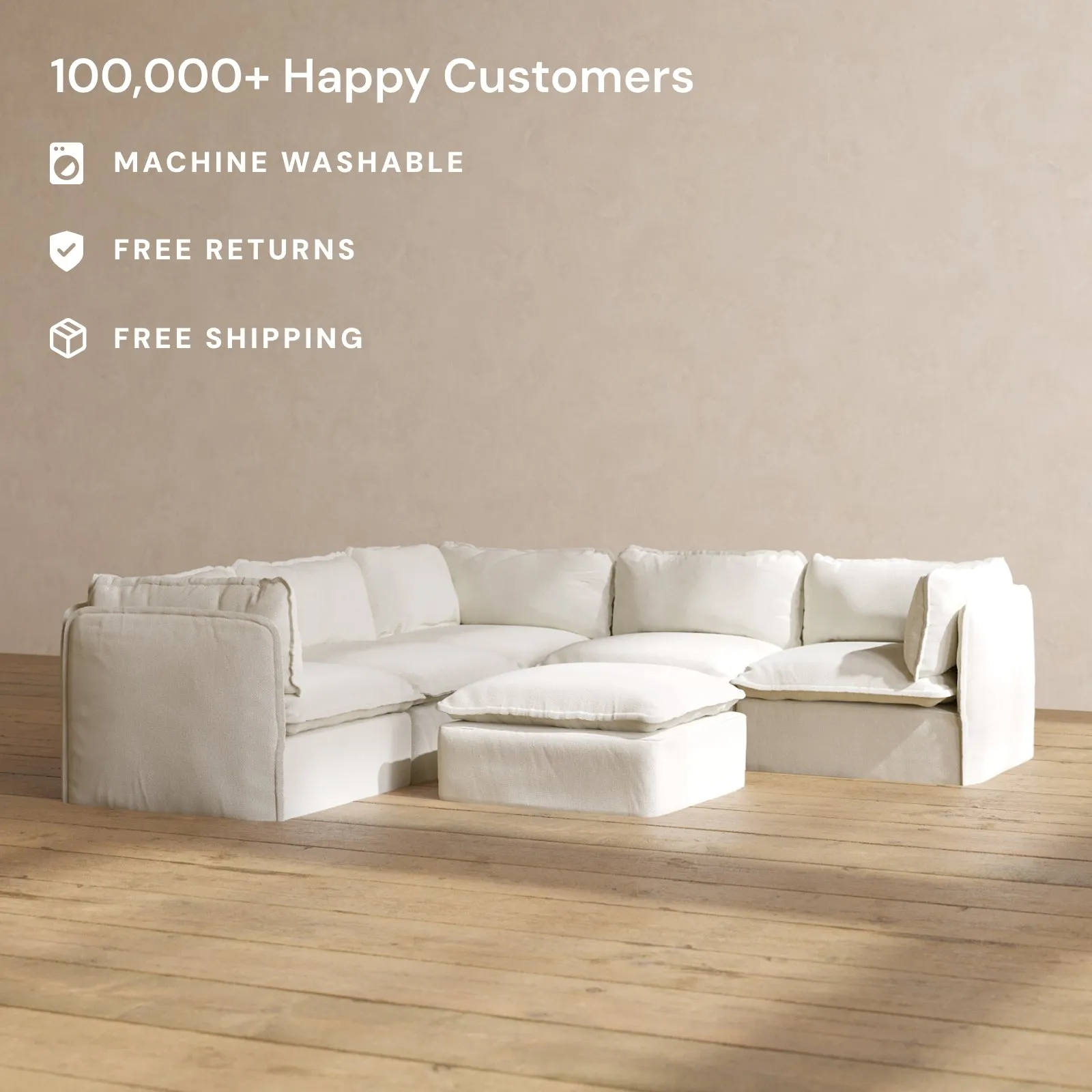 Modular Washable 5-Seater Corner Sectional   Ottoman in Eggshell | Deluxe  Seat | Cloud Pillow