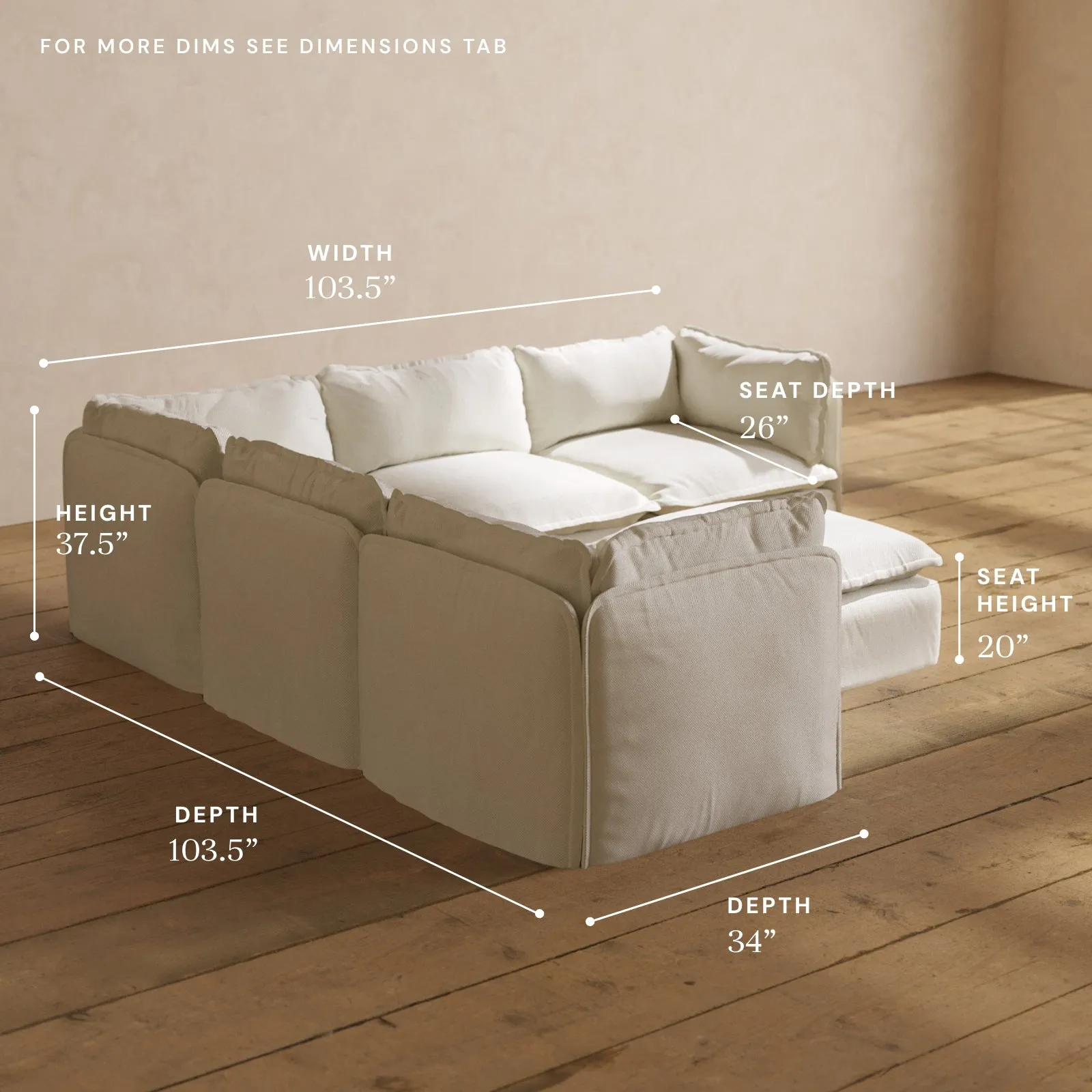 Modular Washable 5-Seater Corner Sectional   Ottoman in Eggshell | Deluxe  Seat | Cloud Pillow