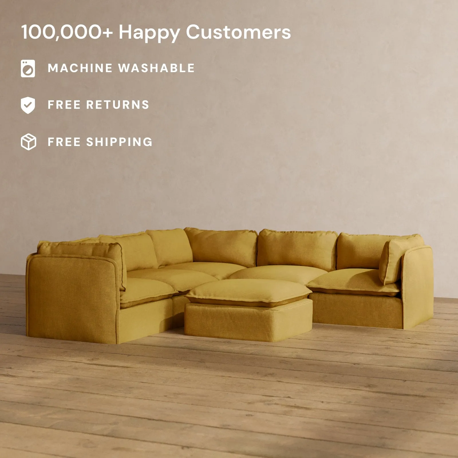 Modular Washable 5-Seater Corner Sectional   Ottoman in Kiiro | Deluxe  Seat | Cloud Pillow
