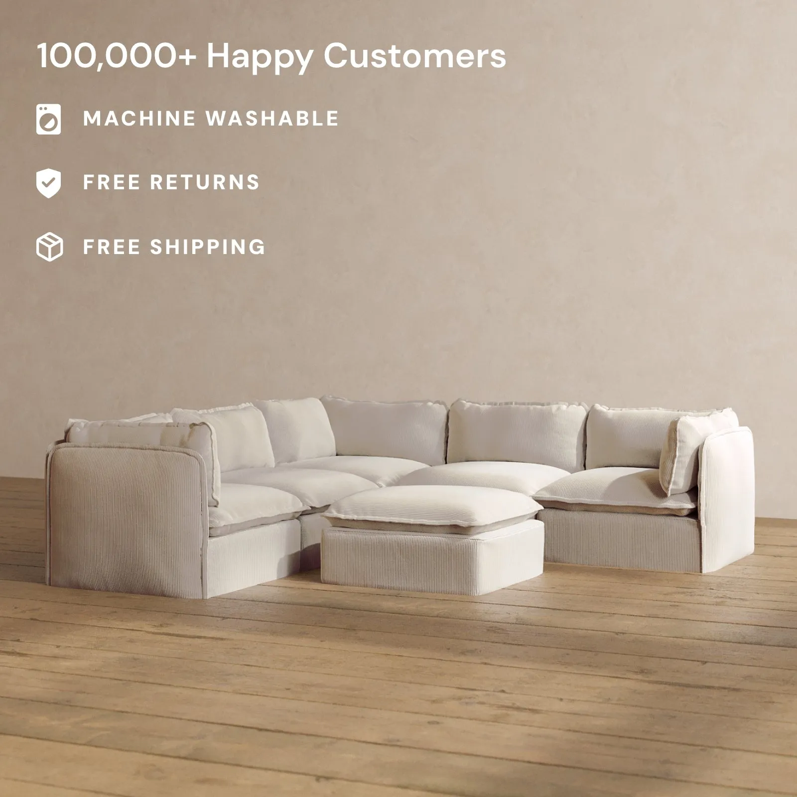 Modular Washable 5-Seater Corner Sectional   Ottoman in Milk | Deluxe  Seat | Cloud Pillow