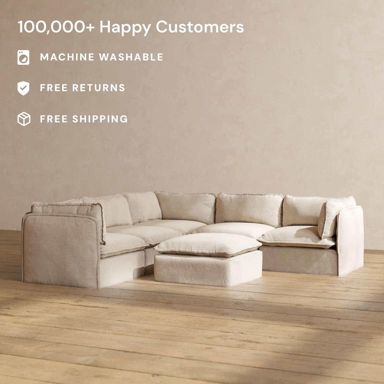Modular Washable 5-Seater Corner Sectional   Ottoman in Oat | Deluxe  Seat | Cloud Pillow