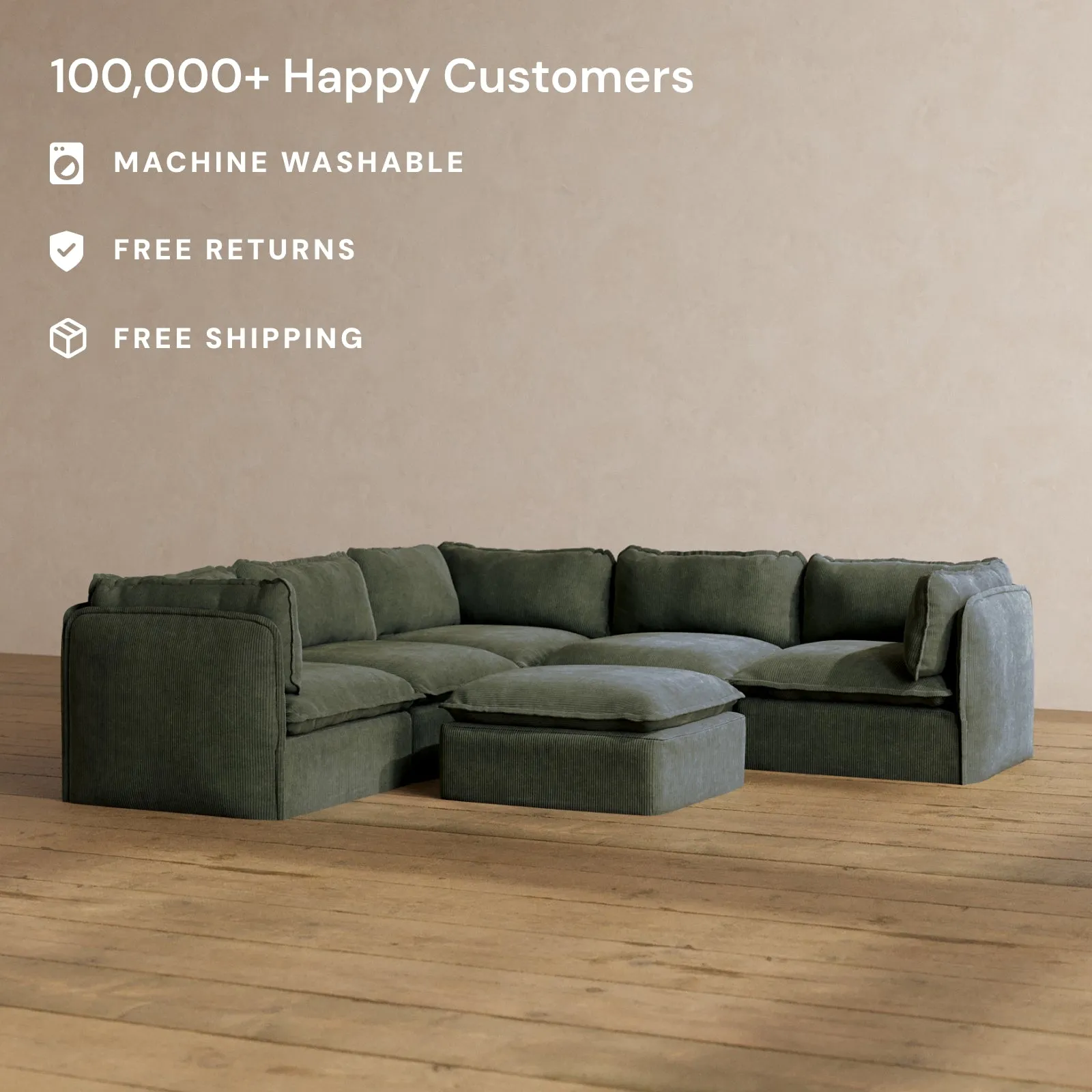 Modular Washable 5-Seater Corner Sectional   Ottoman in Olivine | Deluxe  Seat | Cloud Pillow