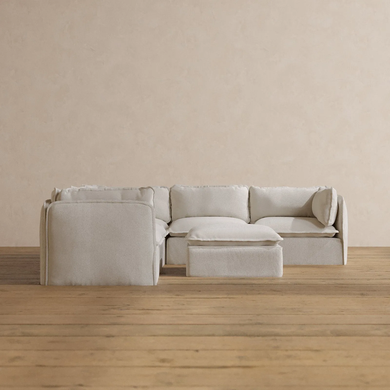Modular Washable 5-Seater Corner Sectional   Ottoman in Powder | Deluxe  Seat | Cloud Pillow