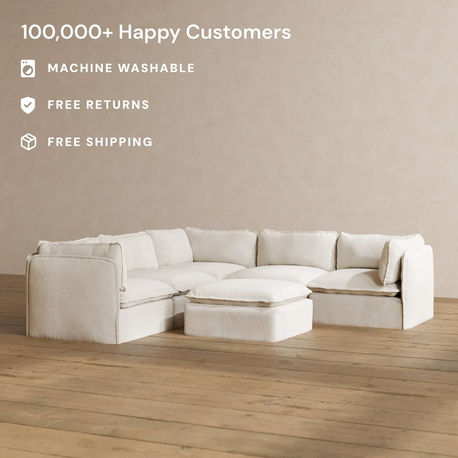 Modular Washable 5-Seater Corner Sectional   Ottoman in Powder | Deluxe  Seat | Cloud Pillow