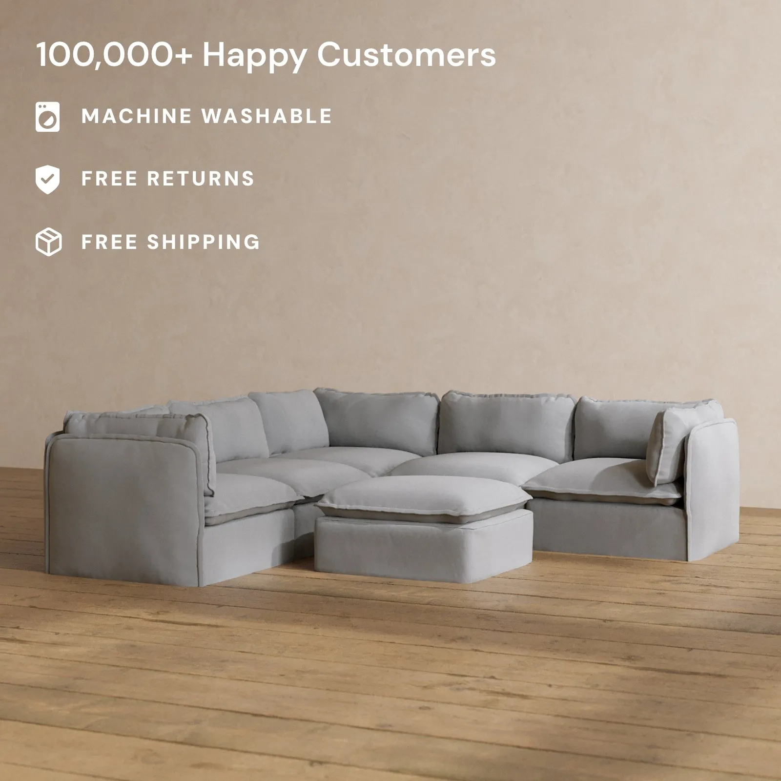 Modular Washable 5-Seater Corner Sectional   Ottoman in Pumice | Deluxe  Seat | Cloud Pillow