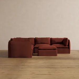 Modular Washable 5-Seater Corner Sectional   Ottoman in Rust | Deluxe  Seat | Cloud Pillow