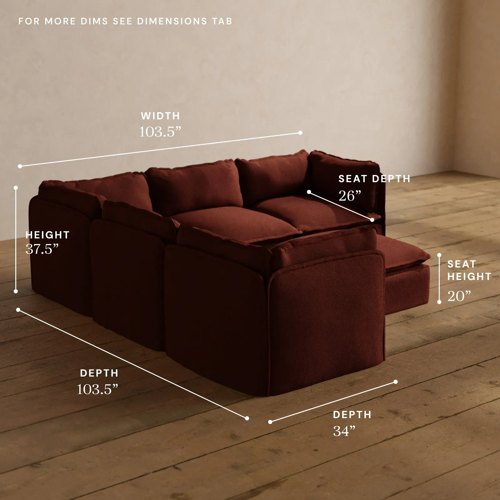 Modular Washable 5-Seater Corner Sectional   Ottoman in Rust | Deluxe  Seat | Cloud Pillow