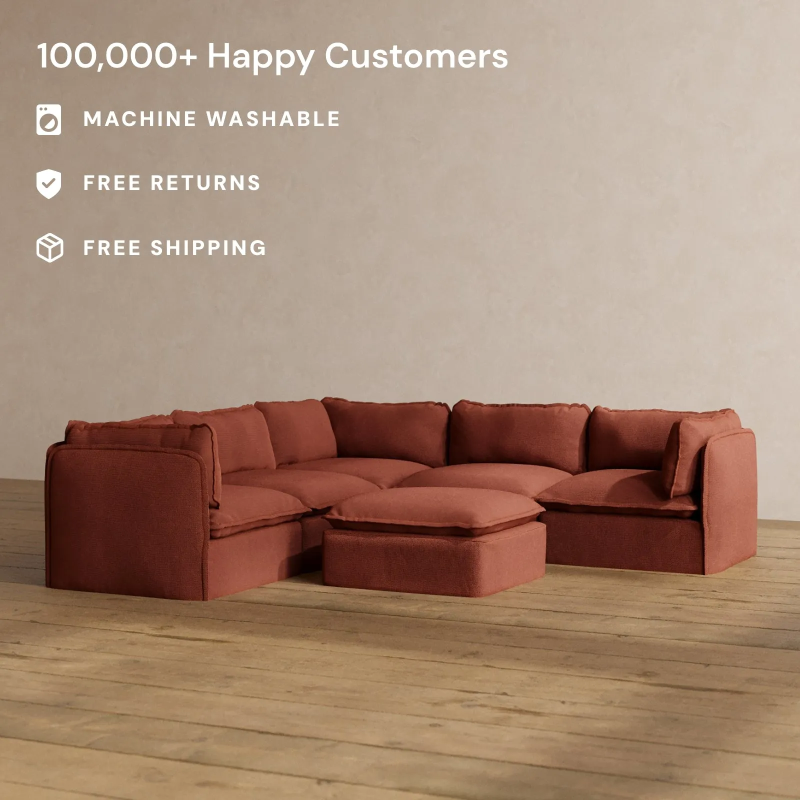 Modular Washable 5-Seater Corner Sectional   Ottoman in Rust | Deluxe  Seat | Cloud Pillow