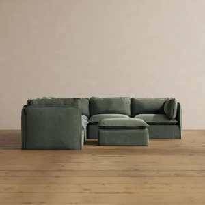 Modular Washable 5-Seater Corner Sectional   Ottoman in Willow | Deluxe  Seat | Cloud Pillow