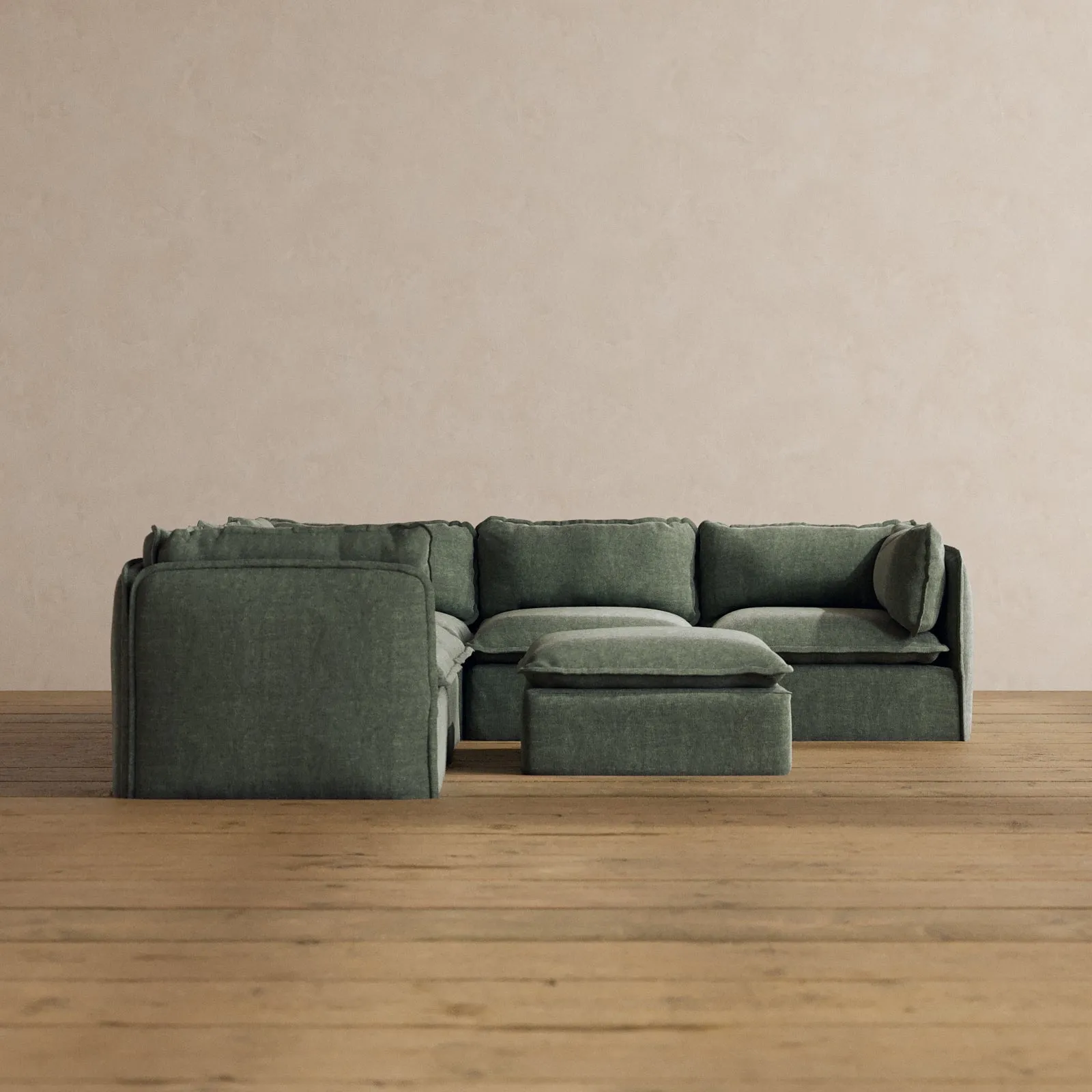 Modular Washable 5-Seater Corner Sectional   Ottoman in Willow | Deluxe  Seat | Cloud Pillow