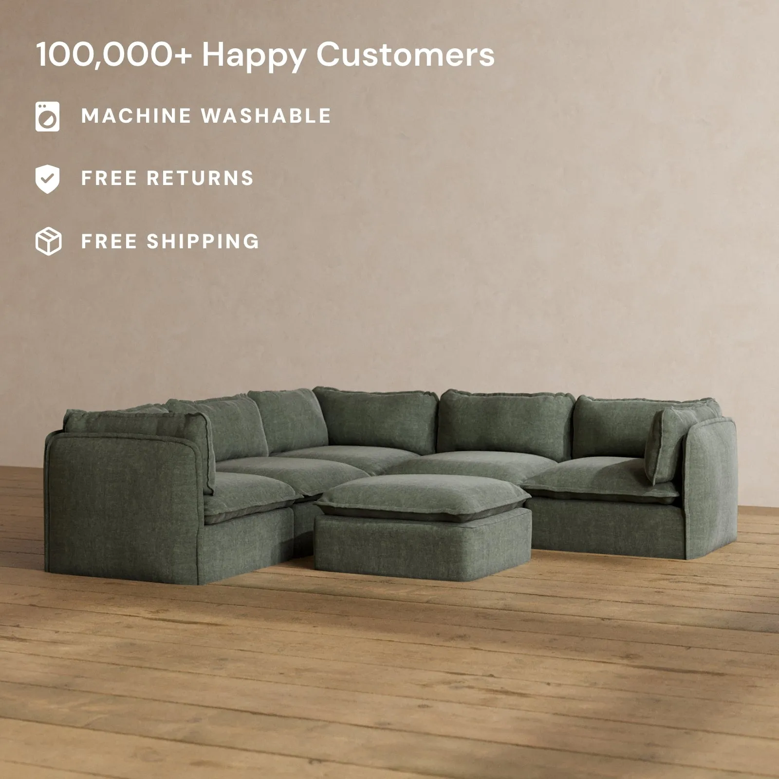 Modular Washable 5-Seater Corner Sectional   Ottoman in Willow | Deluxe  Seat | Cloud Pillow