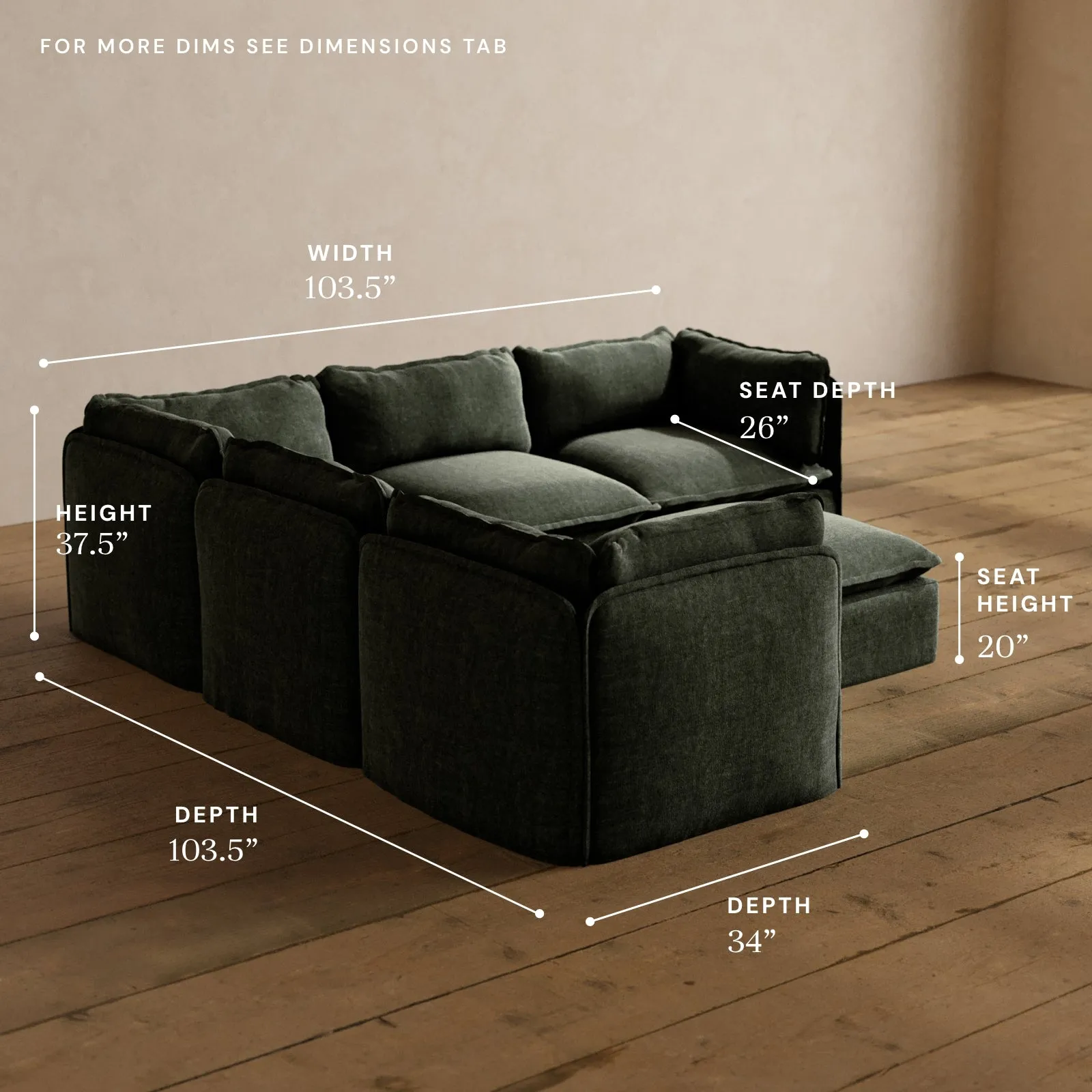 Modular Washable 5-Seater Corner Sectional   Ottoman in Willow | Deluxe  Seat | Cloud Pillow