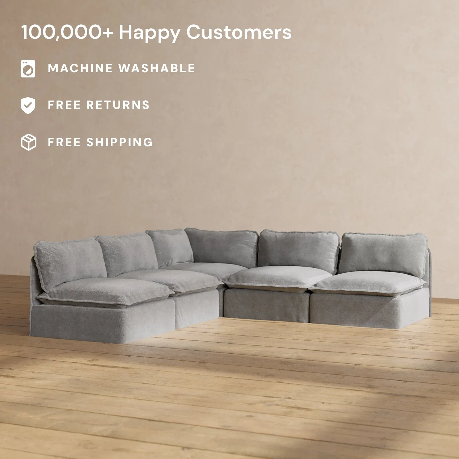 Modular Washable 5-Seater Open-Ends Corner Sectional in Ash | Memorix  Seat | Contour Pillow