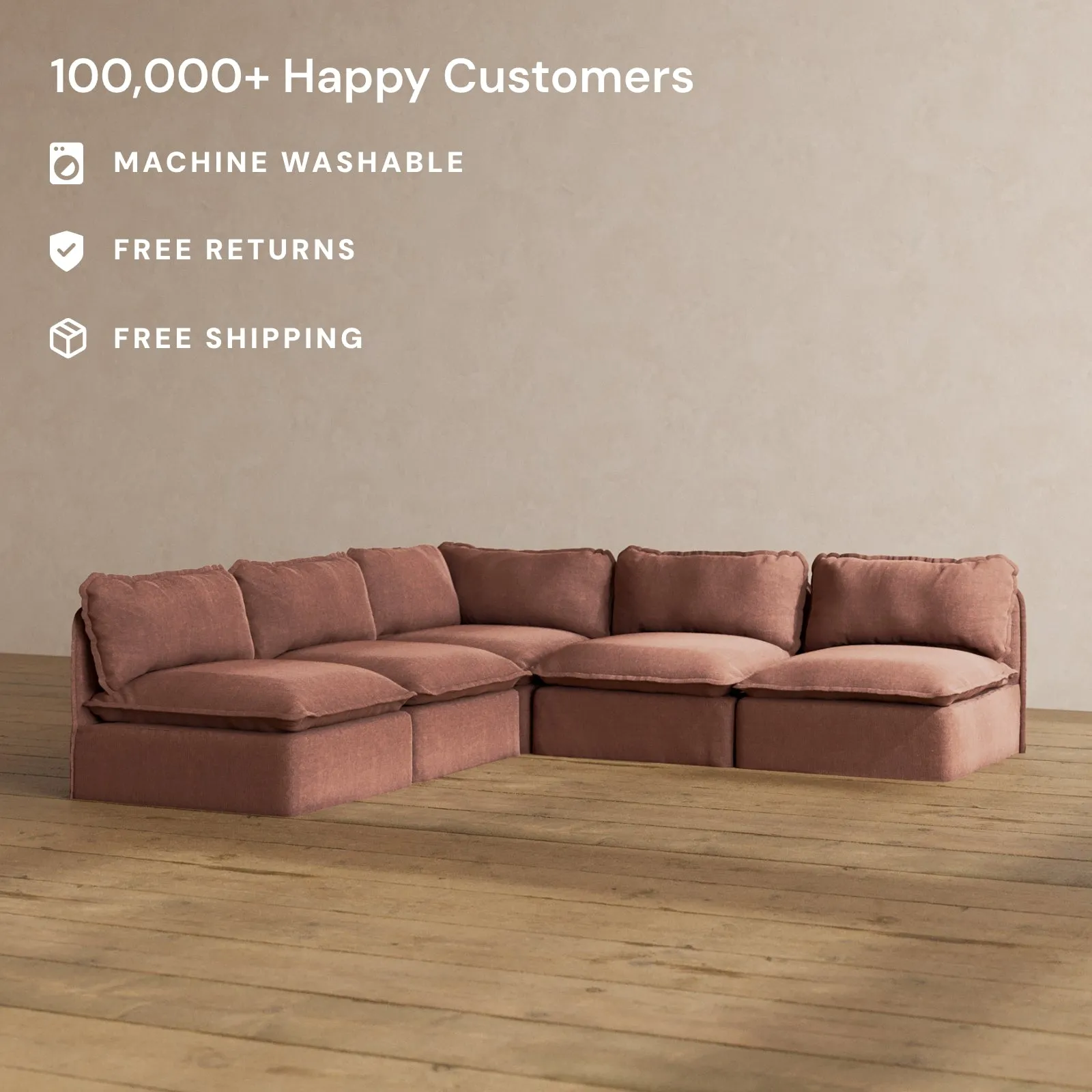 Modular Washable 5-Seater Open-Ends Corner Sectional in Chestnut | Deluxe  Seat | Cloud Pillow