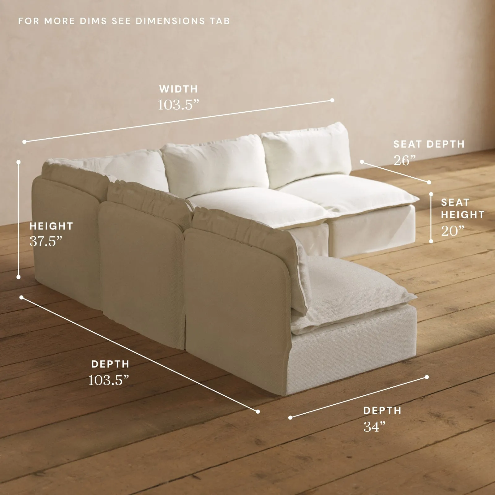 Modular Washable 5-Seater Open-Ends Corner Sectional in Eggshell | Deluxe  Seat | Cloud Pillow