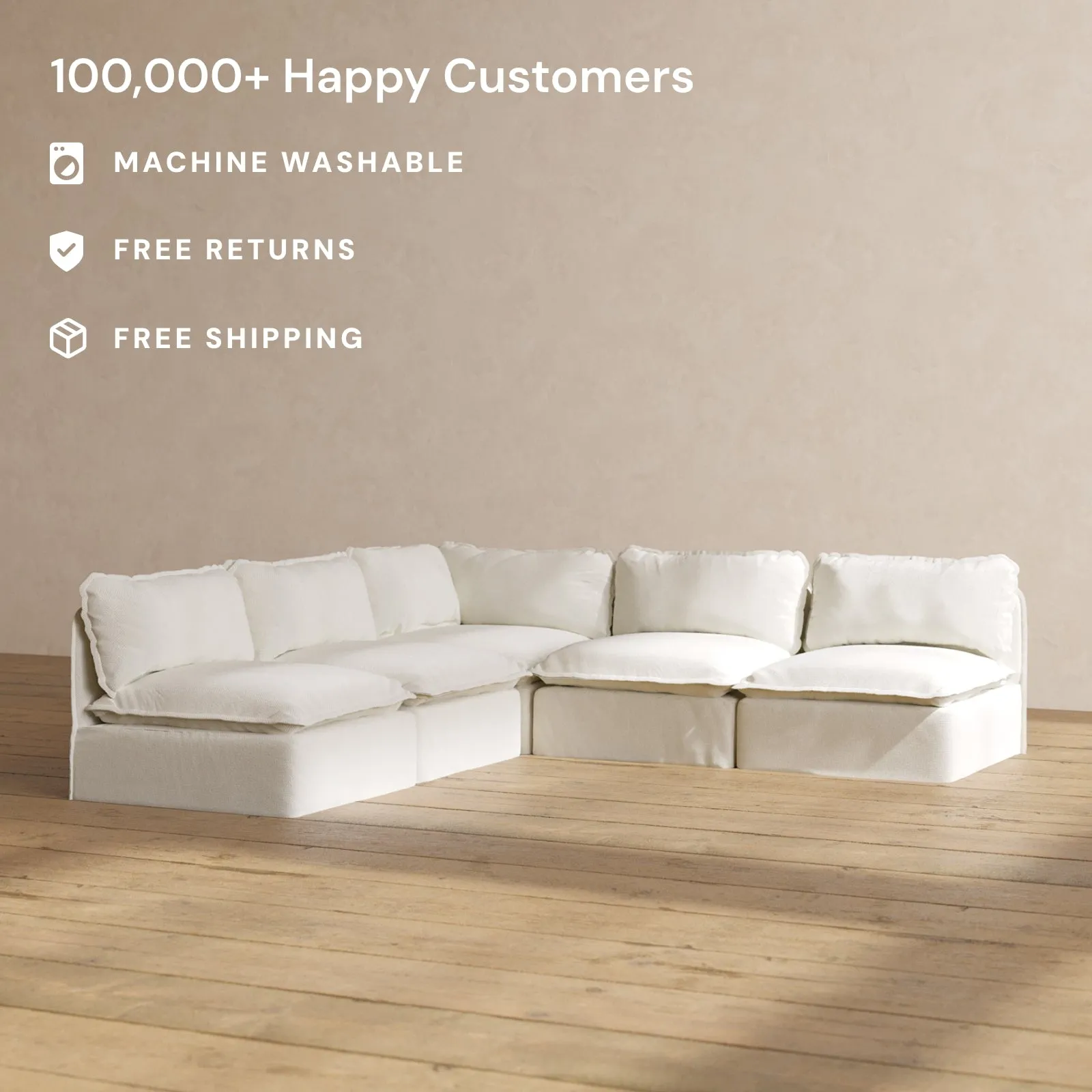 Modular Washable 5-Seater Open-Ends Corner Sectional in Eggshell | Deluxe  Seat | Cloud Pillow