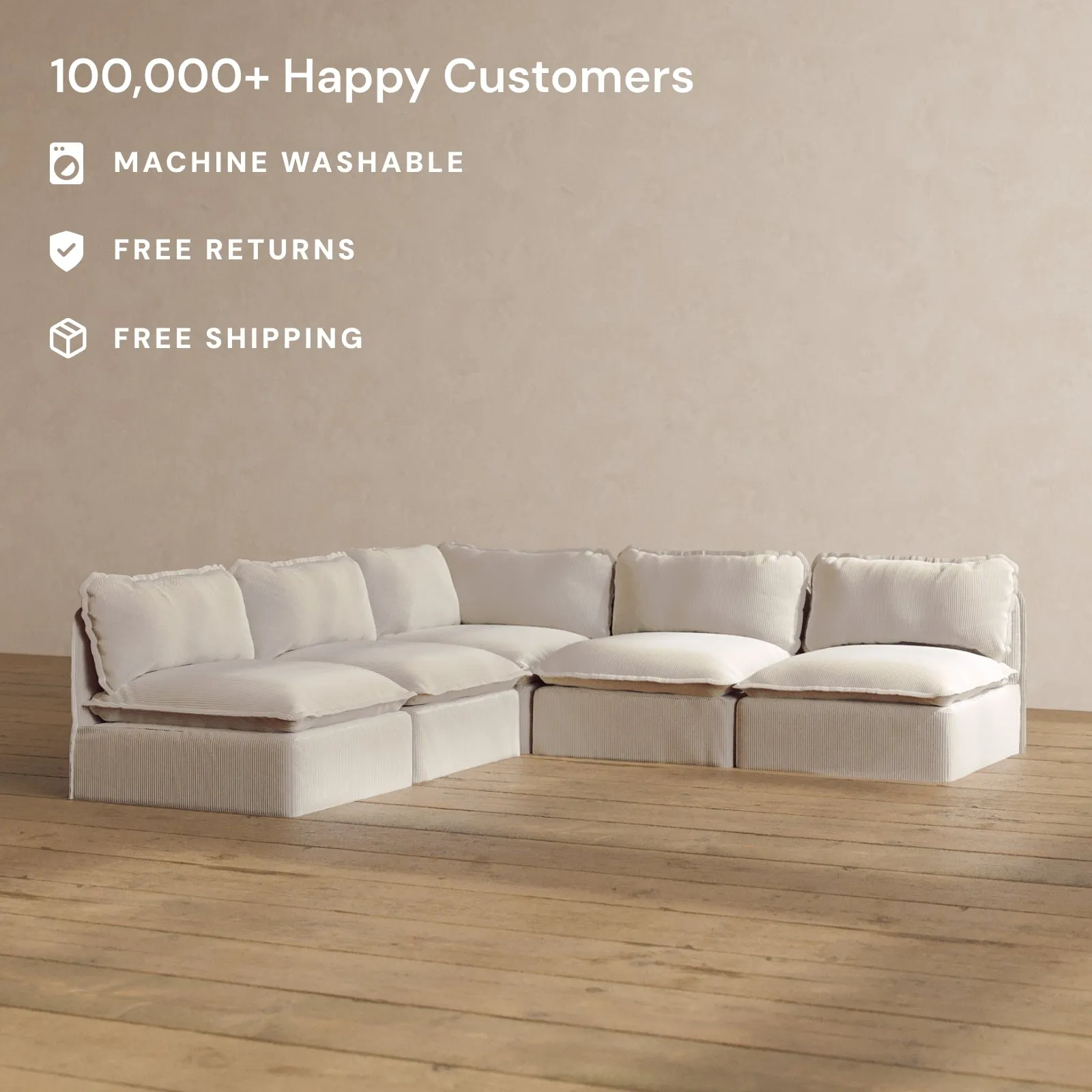 Modular Washable 5-Seater Open-Ends Corner Sectional in Milk | Deluxe  Seat | Cloud Pillow
