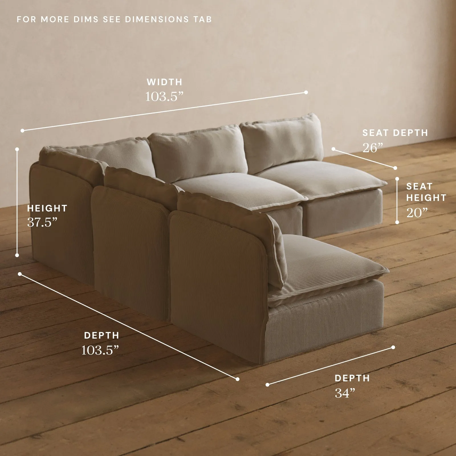 Modular Washable 5-Seater Open-Ends Corner Sectional in Milk | Deluxe  Seat | Cloud Pillow