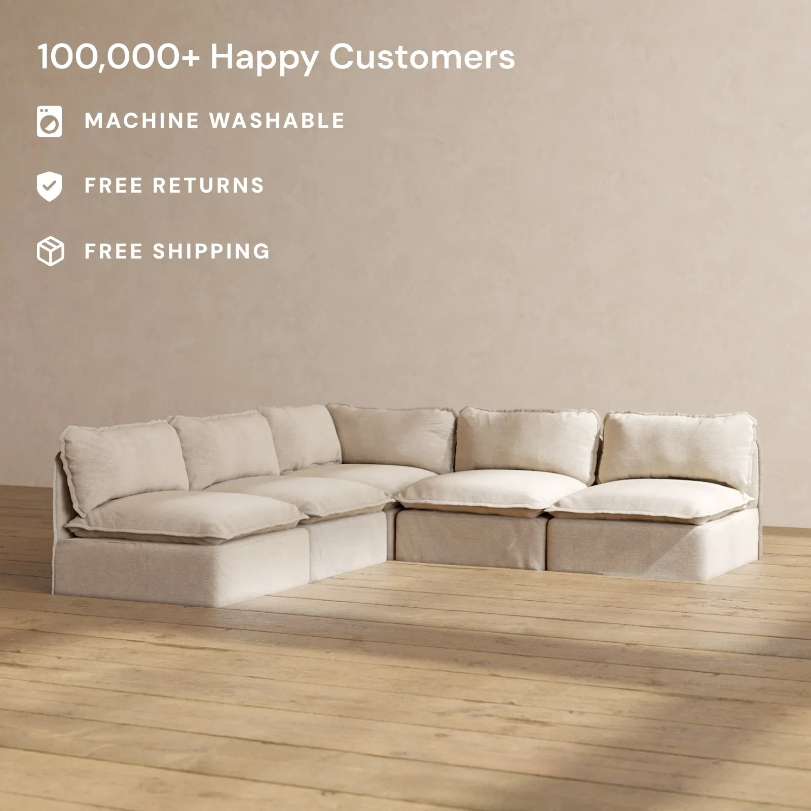 Modular Washable 5-Seater Open-Ends Corner Sectional in Oat | Memorix  Seat | Contour Pillow