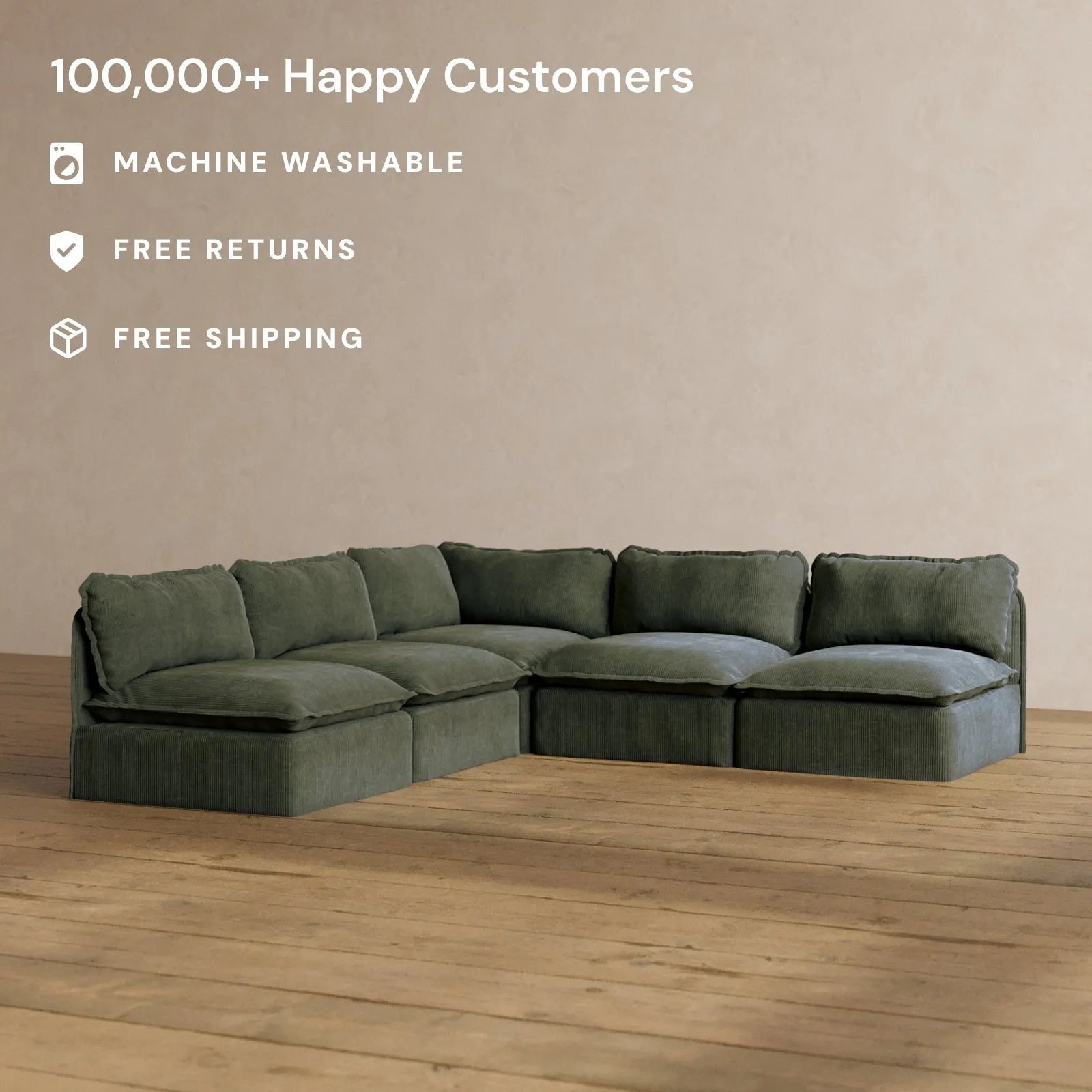 Modular Washable 5-Seater Open-Ends Corner Sectional in Olivine | Memorix  Seat | Contour Pillow